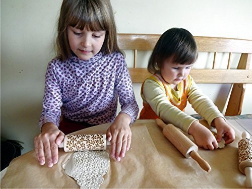 4-Piece Wooden Laser Cut Mini Rolling Pin Set for Kids - Cookie, Play Dough, Salt Dough & Clay - Laser Engraved Embossing Patterns (Choose Your Design) - Perfect for Baking, Crafts & DIY Homemade Cookies