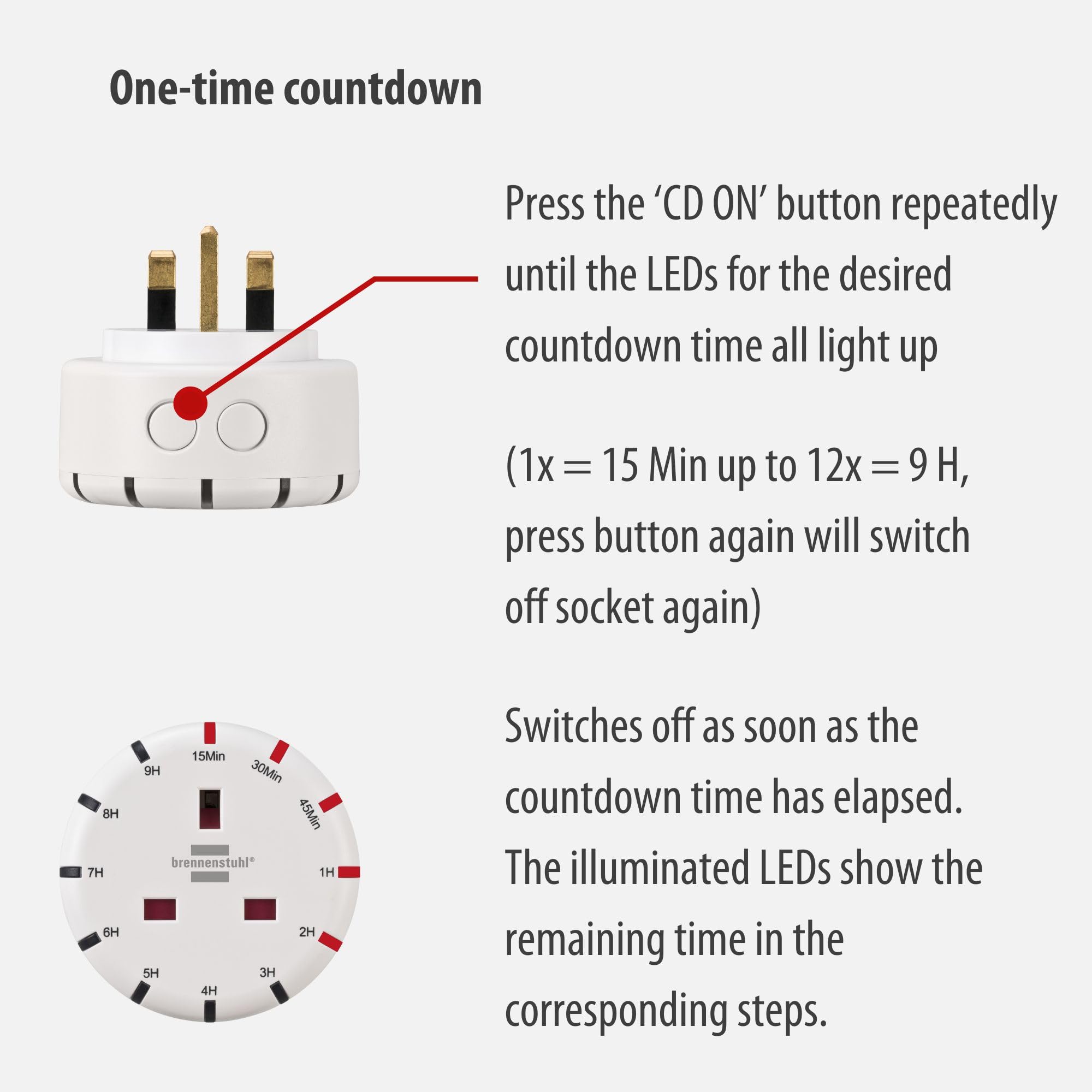 Brennenstuhl Digital Countdown Timer Plug with LED Display - 12 Adjustable Steps, Child-Safe Socket Outlet for Home & Office | Perfect for Appliances, Holiday Lights & Energy Saving