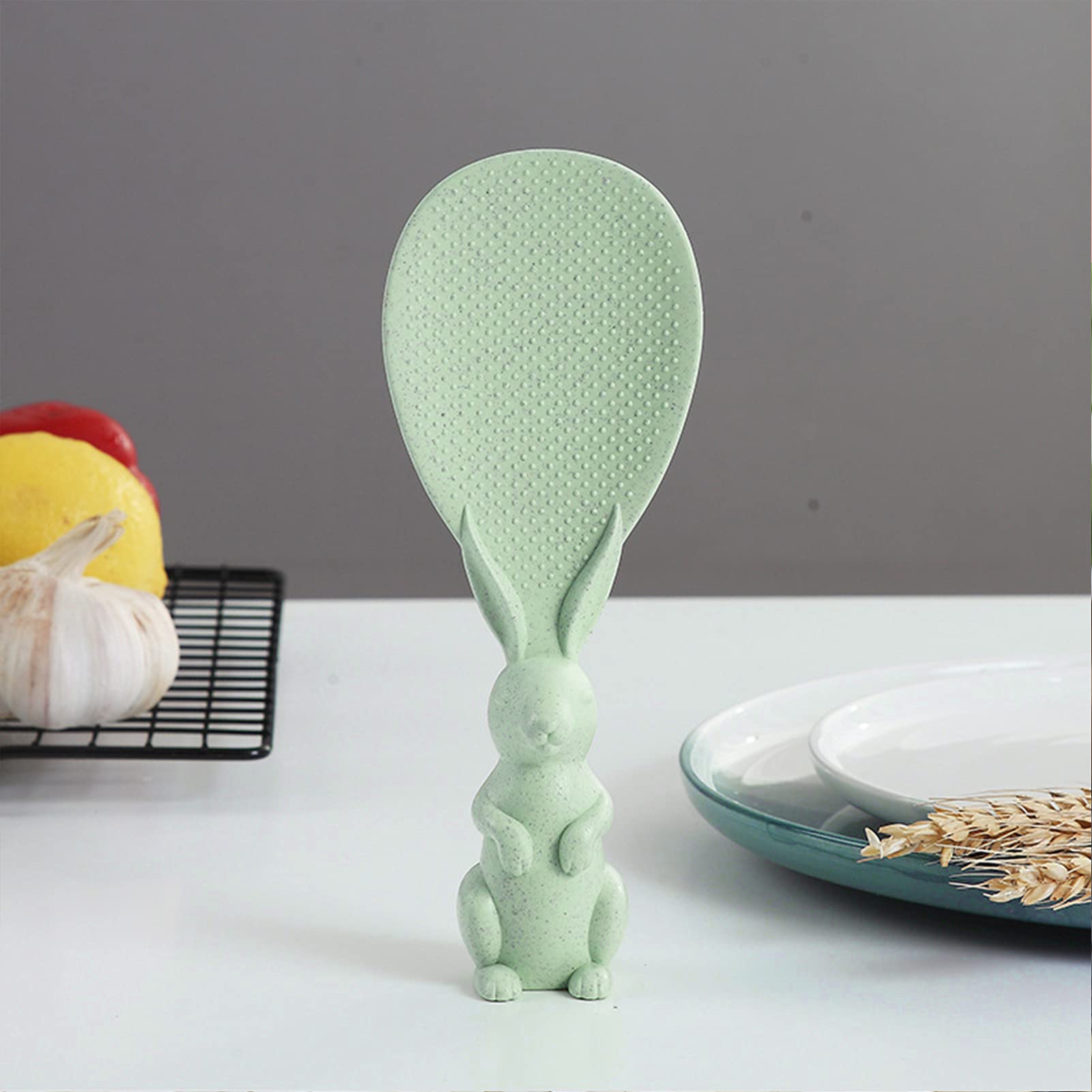 Non-Stick Rice Scoop Set - 4pcs Rabbit Design Rice Paddle Spoon with Stand, Wheat Straw Material for Rice Cooker - Perfect for Serving Rice, Sushi & Grain Dishes in Home Kitchen & Restaurants