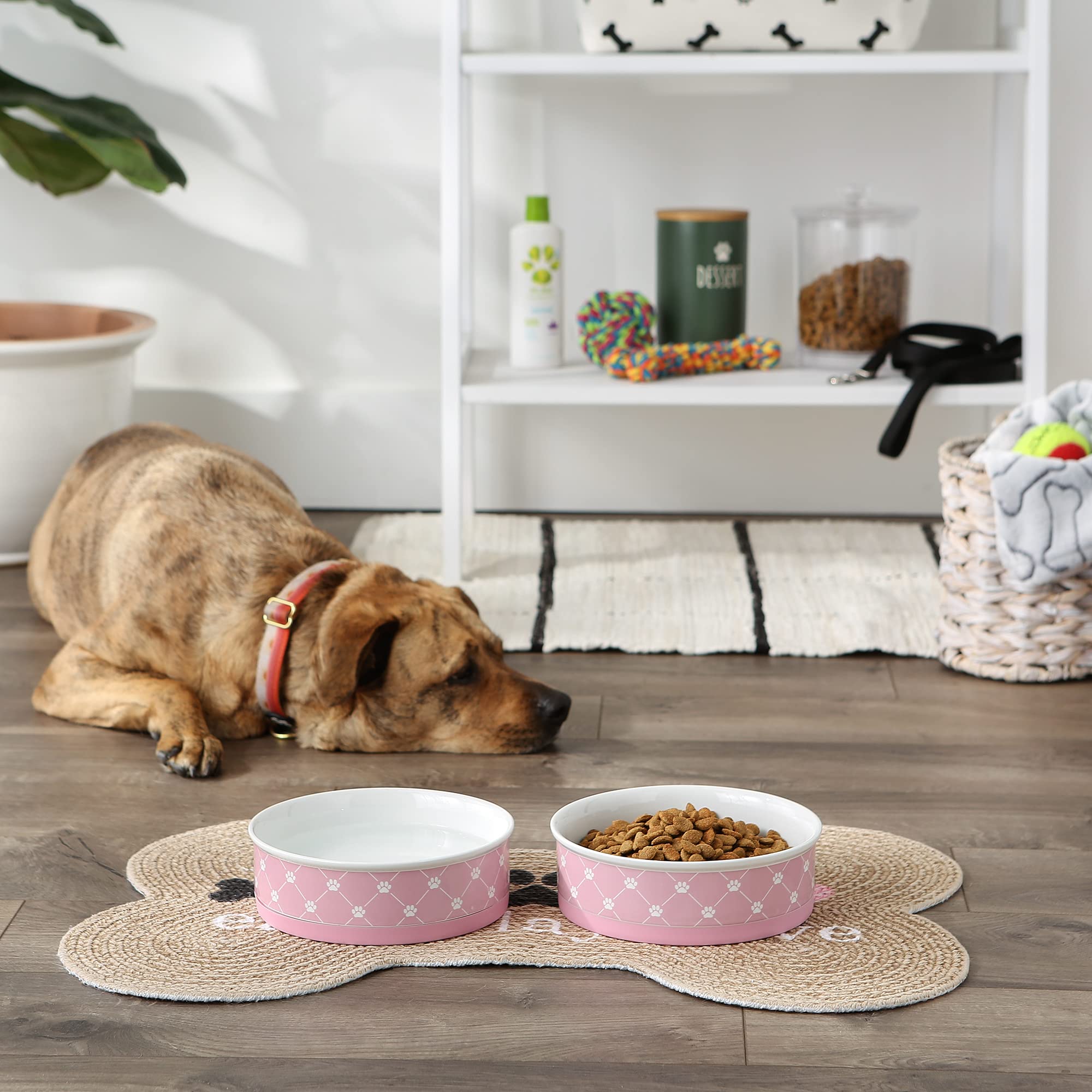 **Bone Dry Trellis Paw Print Pet Bowl Set - Microwave & Dishwasher Safe, Non-Slip Silicone Base, Large 7.5x2.4 Inches, Bubble Gum Color (2-Pack) - Perfect for Dogs & Cats at Home or Travel**