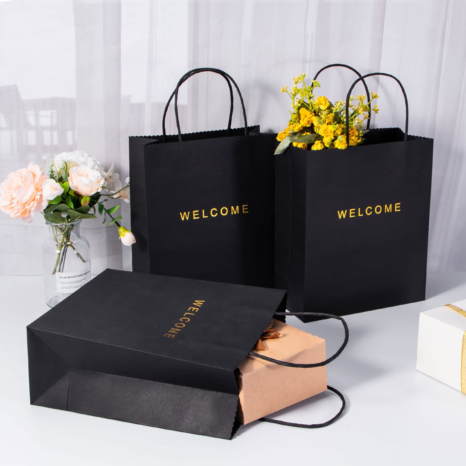 50 Pack Black Welcome Gift Bags with Handles - 7.9 x 3.7 x 9.4 Inches, 250g Paper - Perfect for Weddings, Parties, Retail & Shopping Bags - Bulk Welcome Bags for Guests, Bridal Showers & Corporate Events
