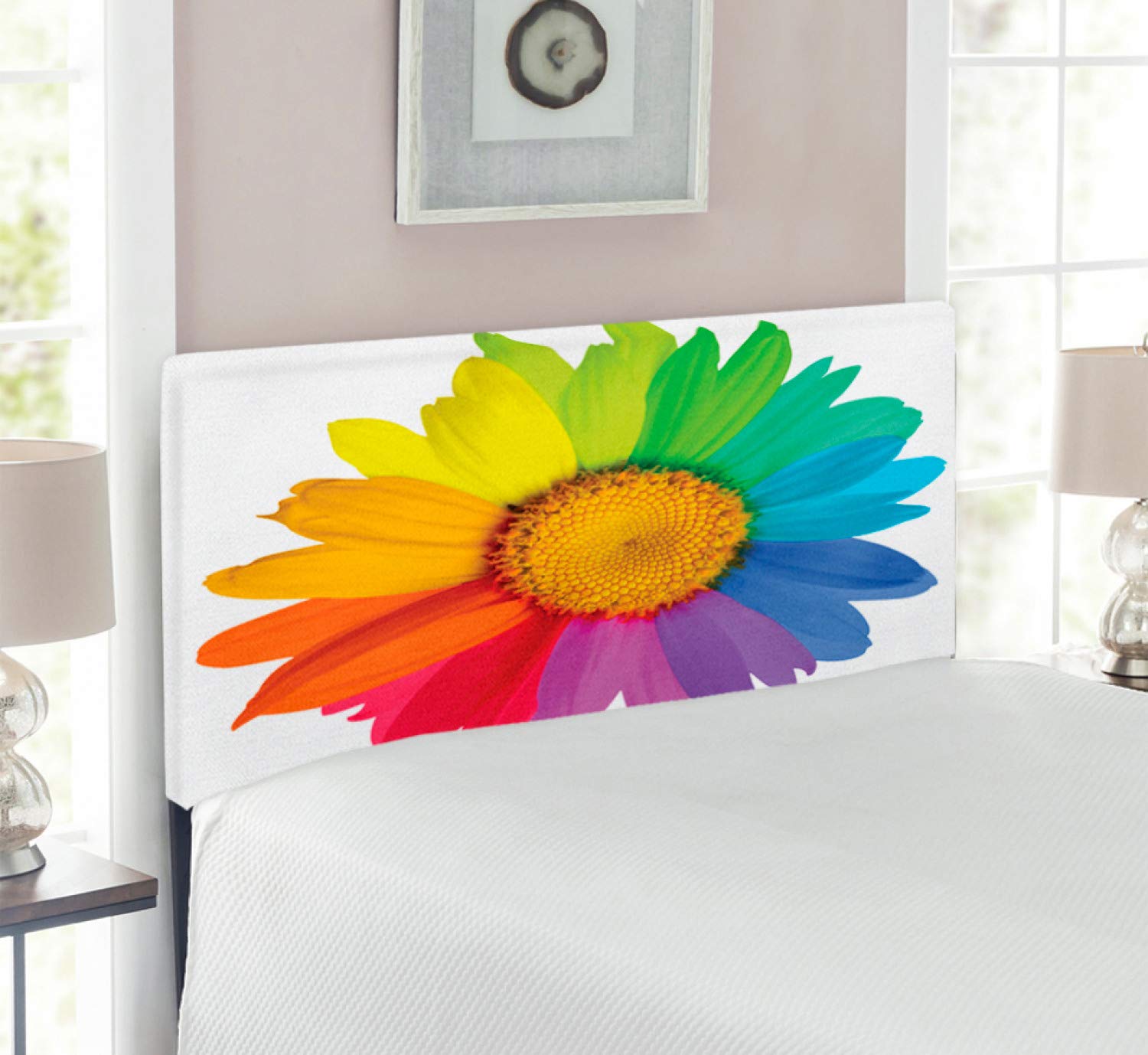 Ambesonne Floral Headboard - Rainbow Sunflower & Daisy Design, Upholstered Metal Bed Headboard with Memory Foam for Twin Size Beds | Bohemian & Modern Bedroom Decor | Perfect for Spring Refresh, Guest Rooms & Hippie Style Interiors
