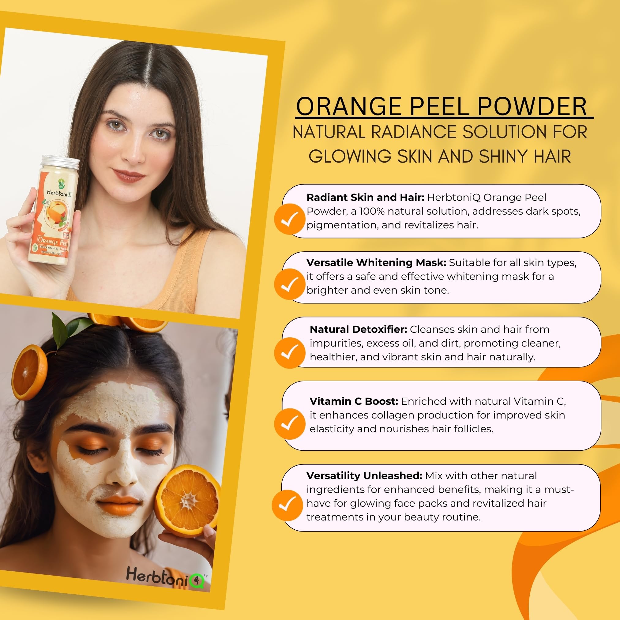 HerbtoniQ 100% Pure Organic Orange Peel Powder (Citrus Reticulata) - 150g for Skin Care & Hair Masks (Pack of 2) | DIY Beauty Recipes, Face Brightening & Scalp Treatment