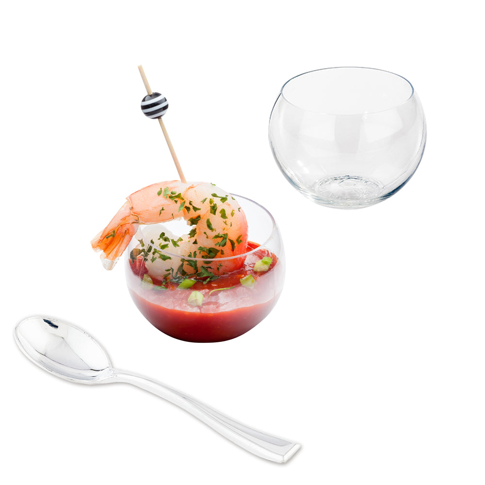 100 Pack 2 oz Clear Plastic Sphere Cups with 100 Silver Mini Spoons - Perfect for Parties, Desserts, and Beverage Tasting Events