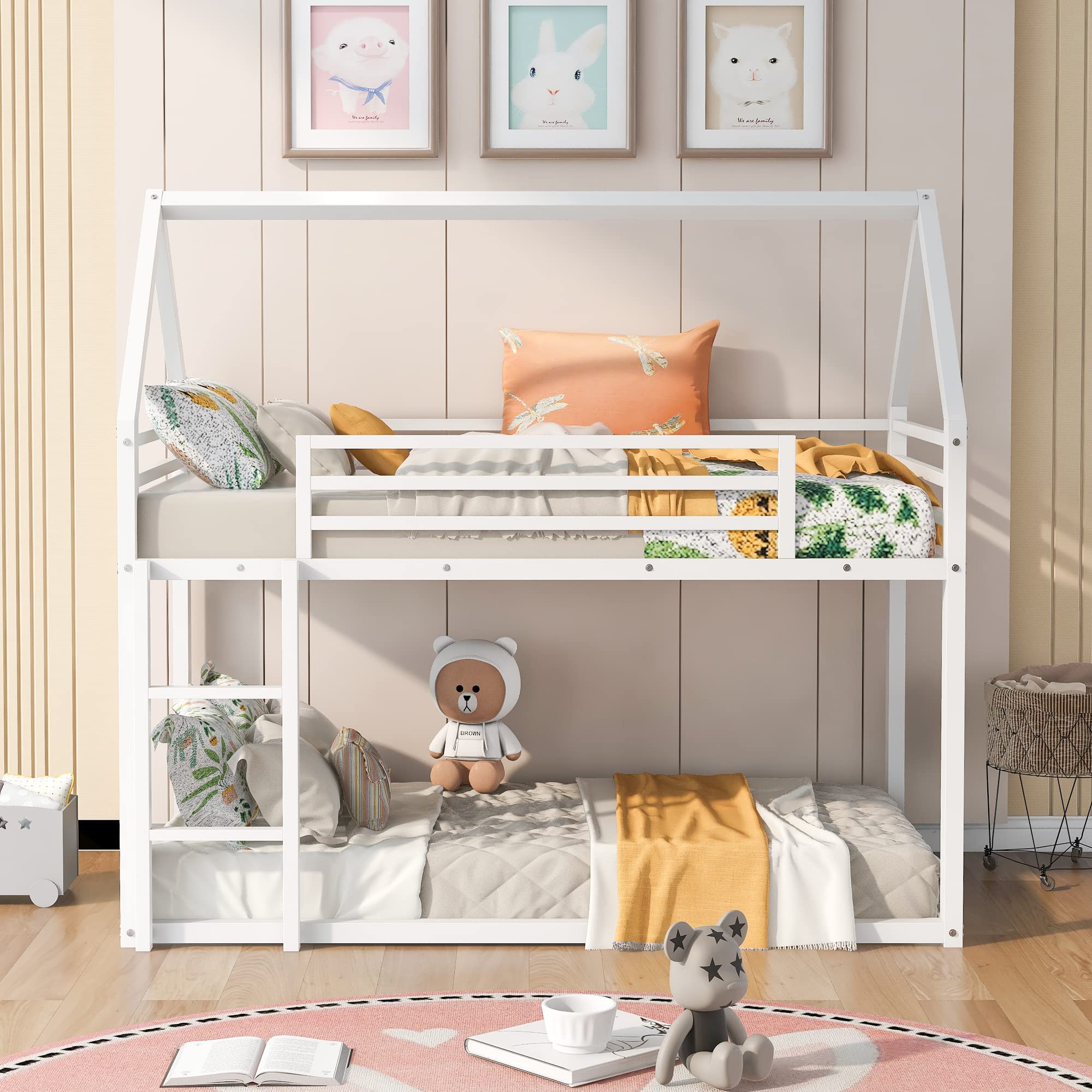 Twin Over Twin Metal Bunk Bed with Built-in Ladder - Sturdy Kids & Toddler Bunk Bed Frame - White House Style with Mosquito Net Option - Perfect for Small Bedrooms, Shared Kids Rooms & Vacation Homes