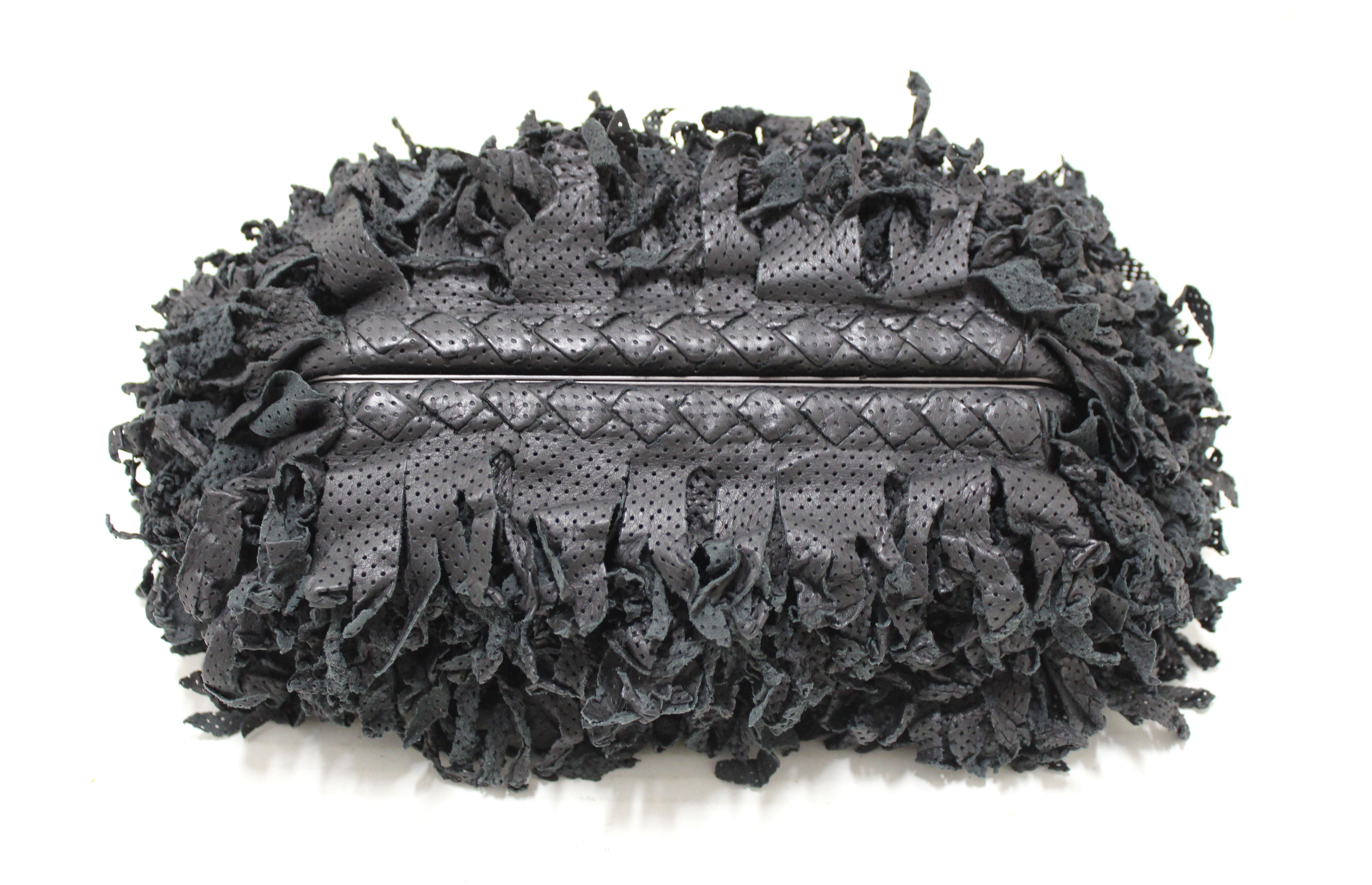 Authentic Bottega Veneta Black Shredded Leather Clutch Bag for Women | Luxury Designer Handbag | Perfect for Evening Parties, Weddings & Special Occasions