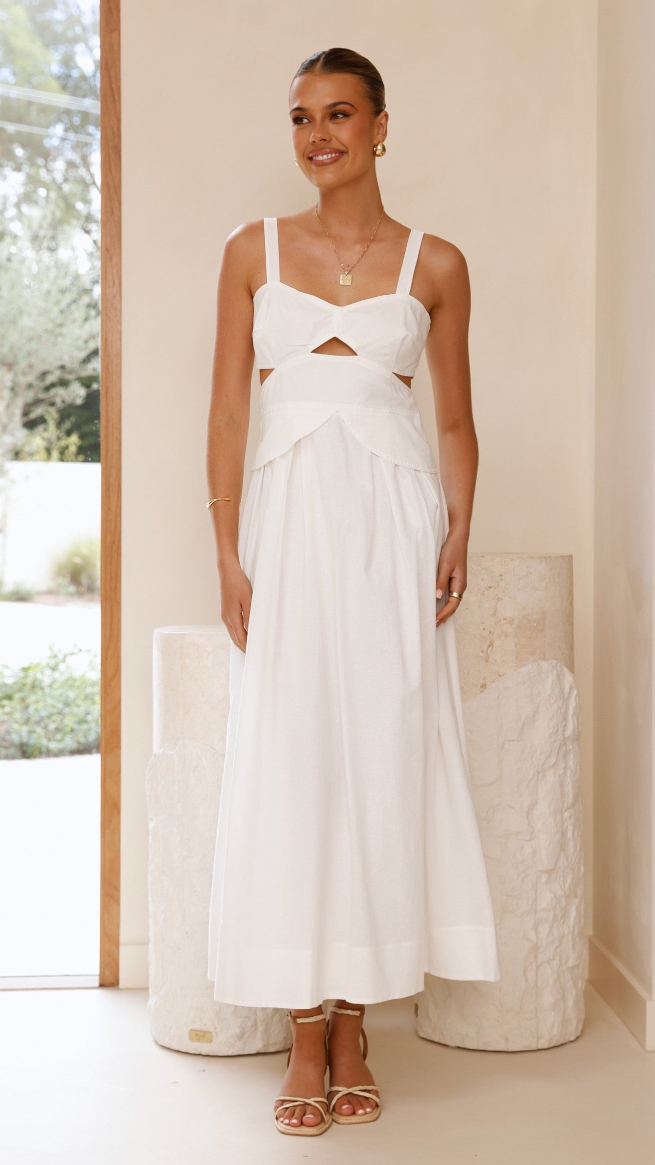 Harleigh Midi Dress - Elegant White Flowy Summer Dress for Women | Perfect for Beach Vacations, Date Nights & Brunch Outings