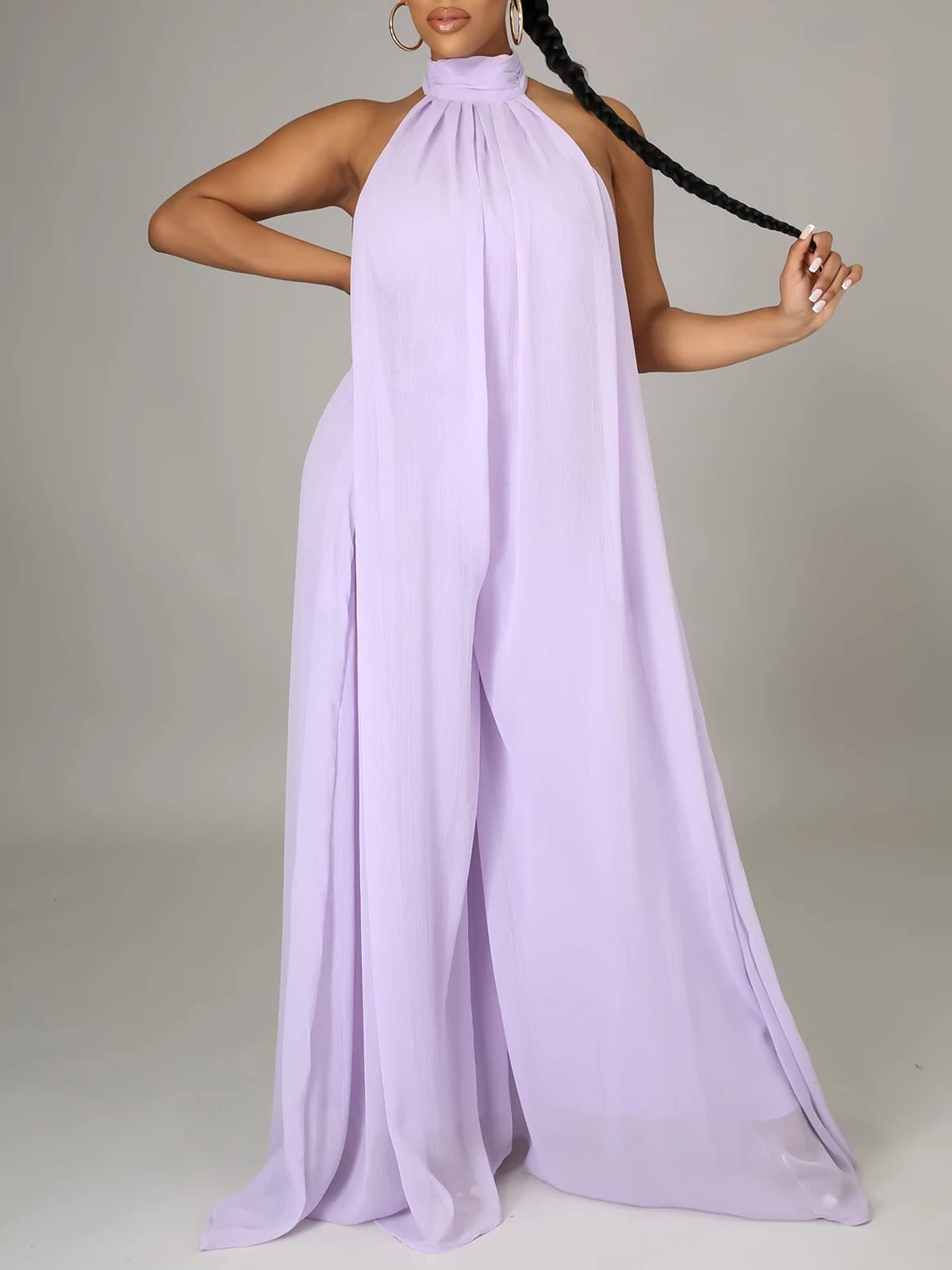 Ekaliy Women's Sexy Summer Jumpsuit - Halter Neck Sleeveless Chiffon Wide Leg Romper One Piece Outfit for Beach Vacation & Night Out