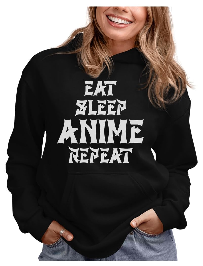Eat Sleep Anime Repeat Women's Hoodie - Soft & Comfortable Anime Graphic Pullover Sweatshirt - Perfect for Casual Wear, Cosplay & Anime Fans