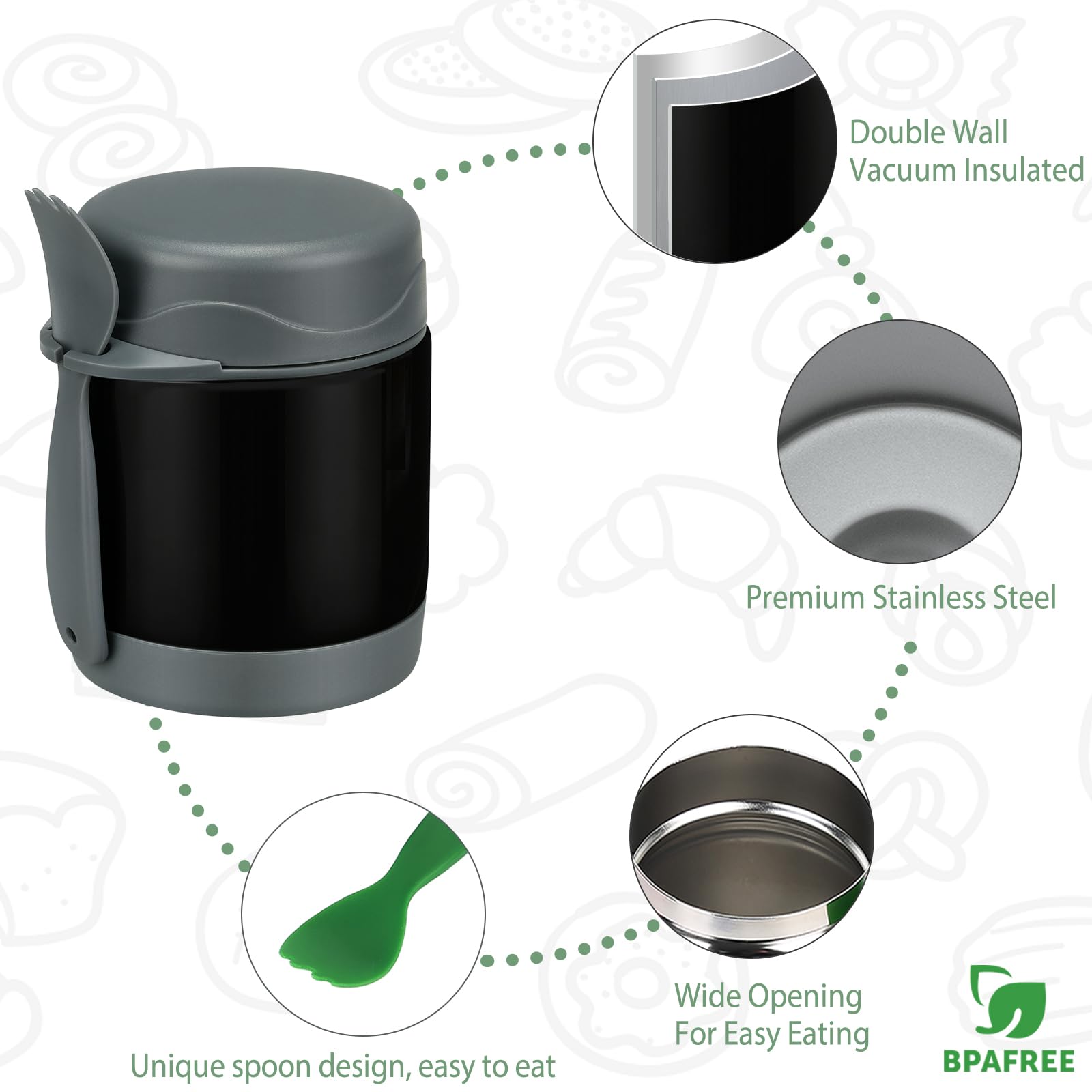 **10oz Insulated Stainless Steel Kids Lunch Thermos with Spoon - Leak-Proof Wide Mouth Hot Food Container for School, Travel & Picnics - Keeps Soup & Meals Warm (Black)**