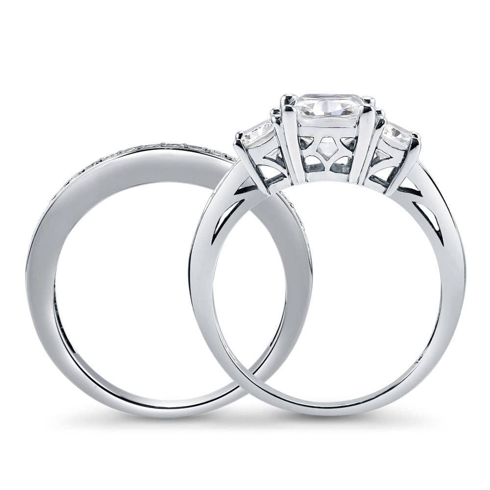 BERRICLE Sterling Silver 3-Stone Wedding & Engagement Ring Set for Women - 2.6 Carat Cushion Cut Cubic Zirconia CZ, Rhodium Plated, Size 4-10 - Perfect for Proposals, Anniversaries & Special Occasions