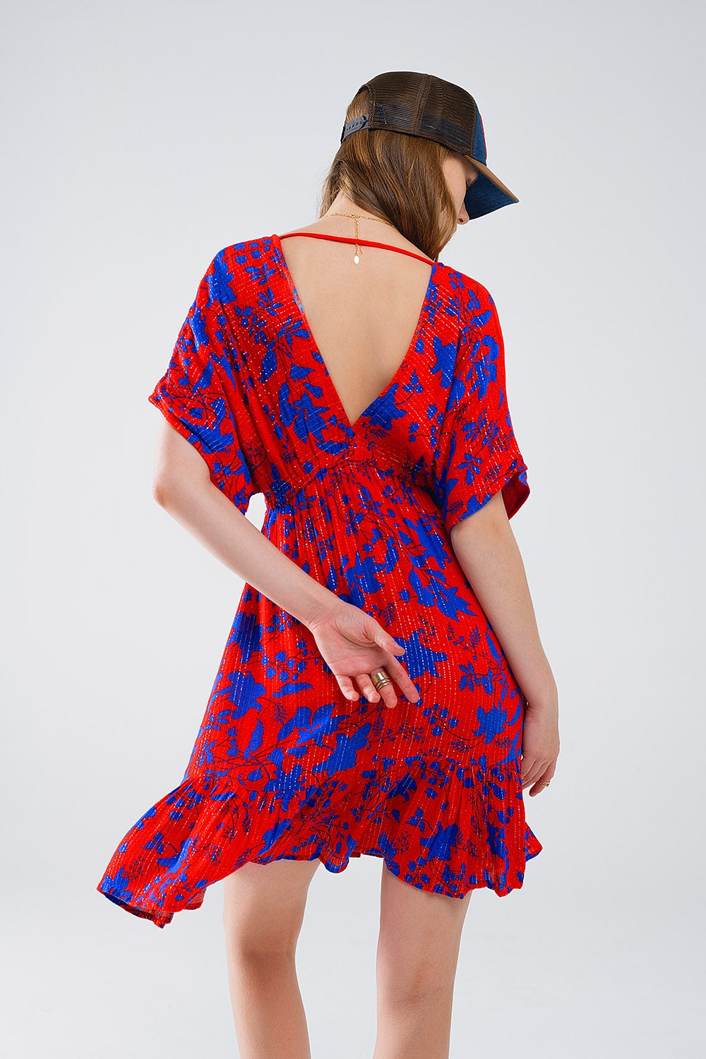 Elegant Short Flowy Red Robe with Blue Floral Print - Perfect for Loungewear, Spa Days & Relaxing at Home