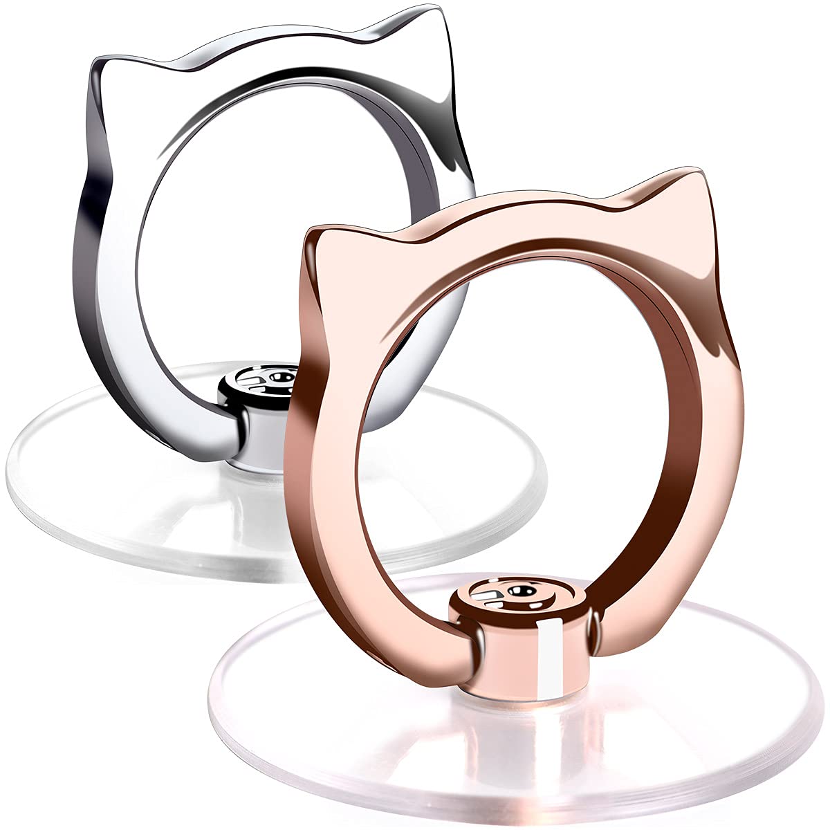 Clear Cat Phone Ring Holder - Transposable Stand & Finger Grip for iPhone Samsung (1 Silver + 1 Rose Gold) - Perfect for Watching Videos, Taking Selfies & Secure Phone Grip