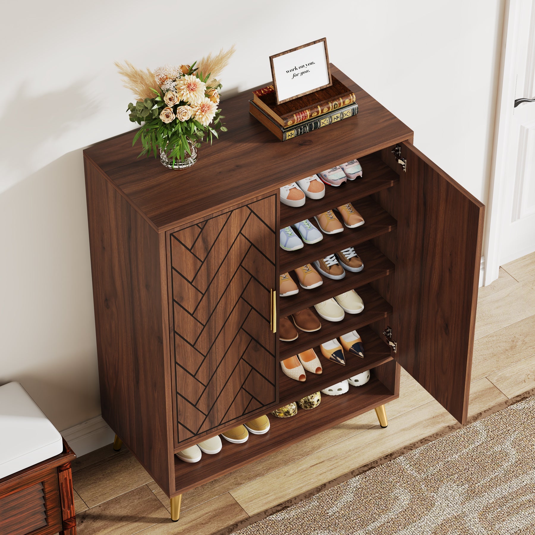 6-Tier Wooden Shoe Cabinet with Adjustable Shelves - Space Saving Shoe Storage Organizer for Entryway, Closet & Bedroom