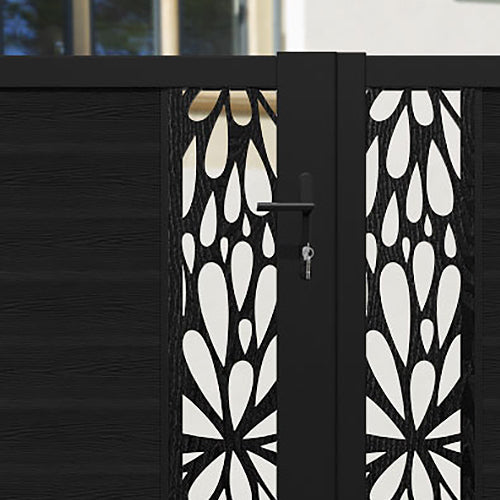 Classic Blossom Straight Top Driveway Gate - Black Metal Fence Gate with Middle & End Screen for Enhanced Privacy & Security | Perfect for Residential Driveways, Gardens & Backyard Entrances