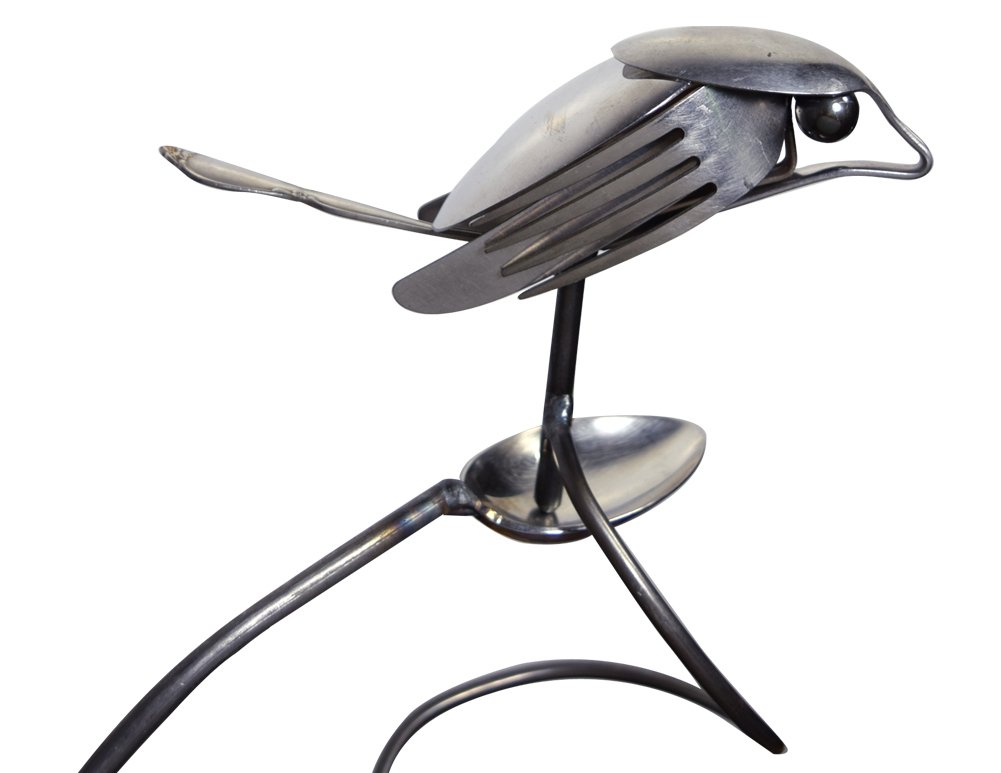 American Made Flatware Finch Balancing Garden Stake - Upcycled Utensil Sculpture for Outdoor Decor and Bird Watching