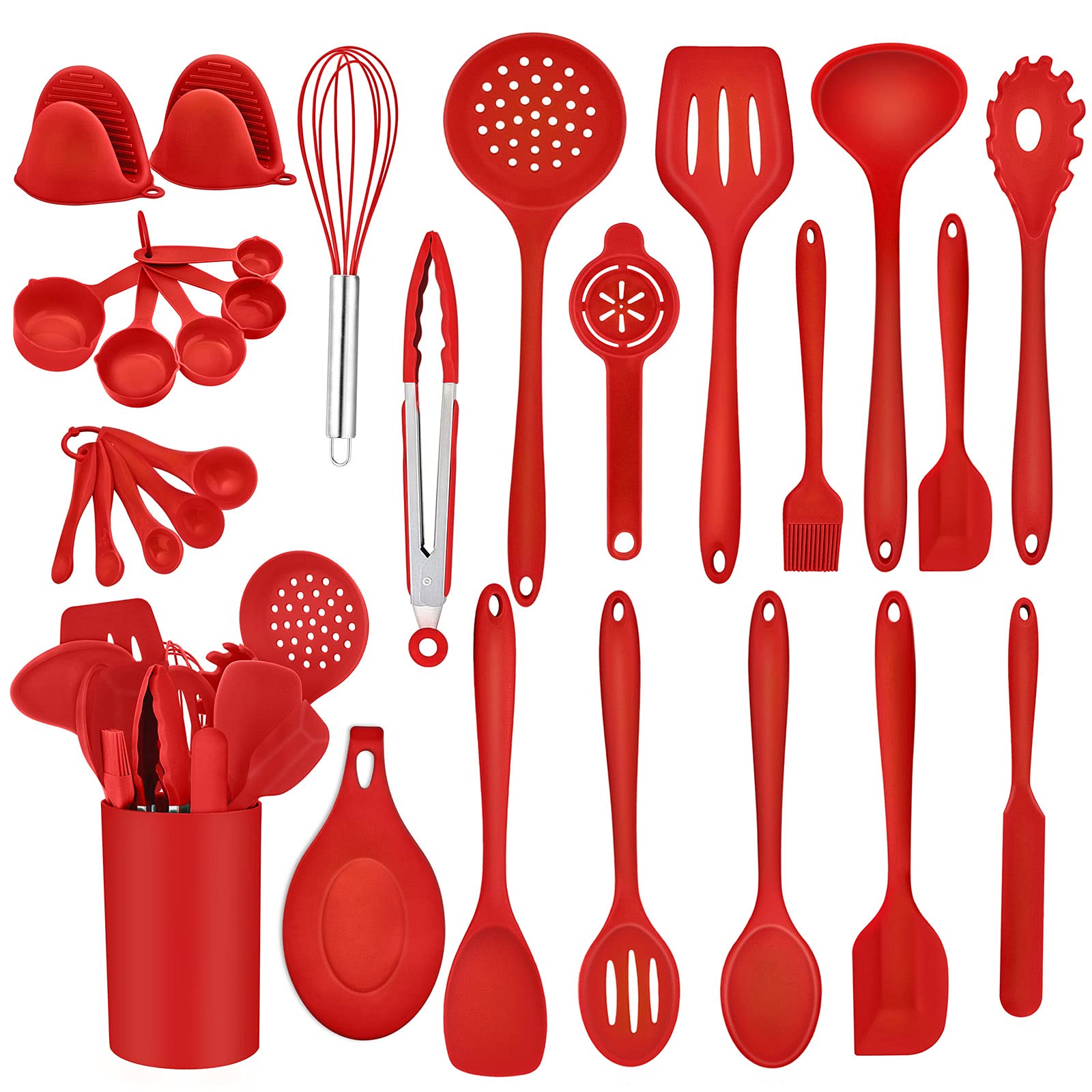 28-Piece Silicone Cooking Utensil Set - Nonstick Kitchen Gadgets with Spatula, Spoon, Whisk & Turner - Heat-Resistant, Non-Toxic & Easy to Clean - Perfect for Baking, Frying & Everyday Cooking (Red)