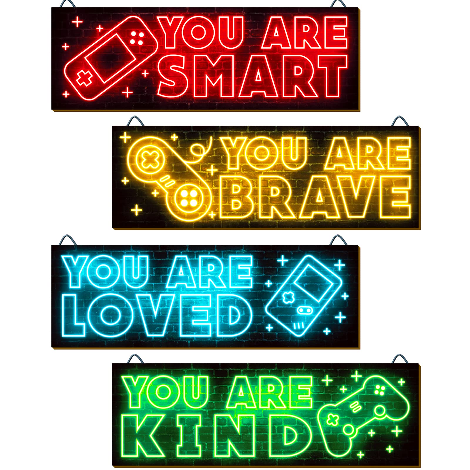 YLOLUL 4-Piece Neon Game Art Prints - Wood Wall Decor for Boys Room & Gamer Themed Bedroom - Inspirational Quote Wall Art - Modern Home Decor (12x4 Inches, Red) - Perfect for Gaming Rooms, Teen Bedrooms & Man Cave Decor