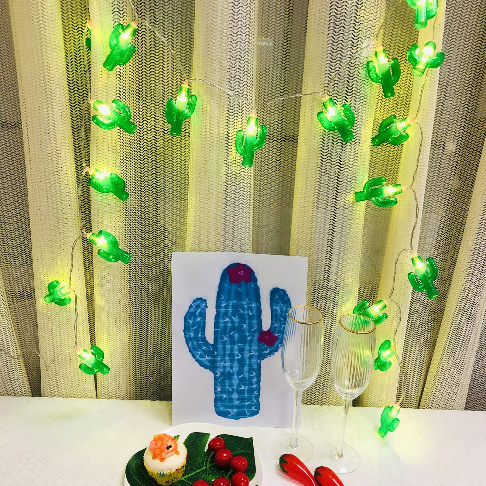 10ft 20 LED Cactus String Lights - Warm White Fairy Lights for Indoor & Outdoor Use | Perfect for Bedroom, Party, Beach & Home Decor | Battery Powered Green Cactus Shape Decorative Lighting