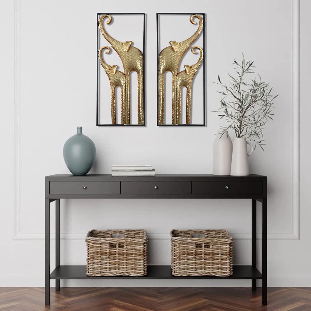 HKaikzo Set of 2 Elephant Wall Decor - African Inspired Gold Metal Elephant Wall Art for Living Room, Modern Animal Decorations (11.8x27.6 Inch) - Perfect for Home, Office, Nursery & Boho Style Interior Design