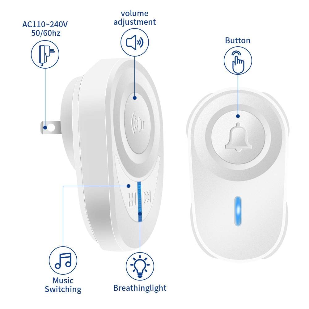 Wireless Doorbell with 1000 Ft Range, 97db Volume & Mute Mode - 48 Melodies, Waterproof, Easy Installation for Home, Classroom, Office, Bedroom (White) - Perfect for Apartments, Schools, and Elderly Care