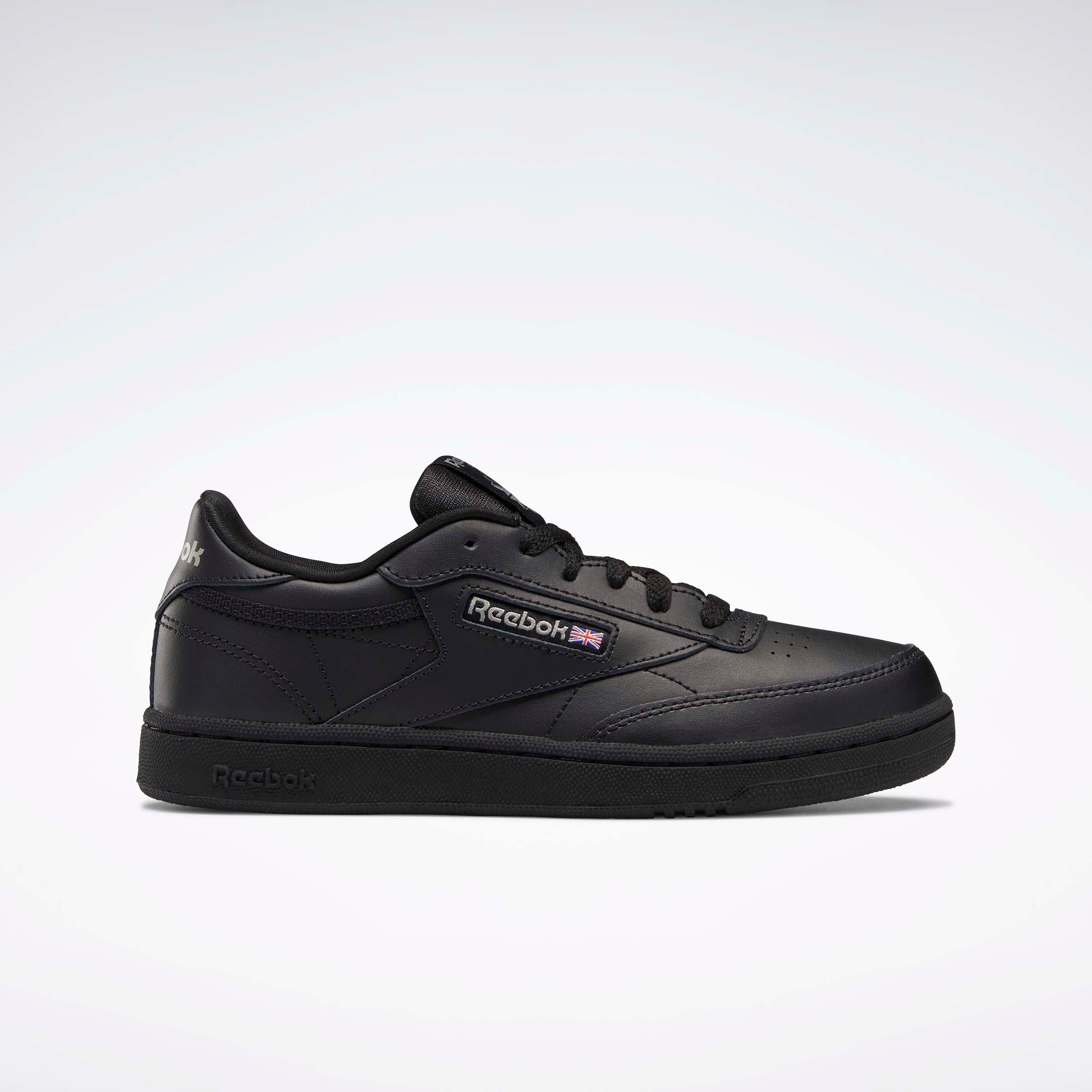Reebok Club C Vintage Sneakers for Kids - Black/Charcoal | Classic White Leather Shoes for Boys & Girls | Perfect for School, Sports & Casual Wear