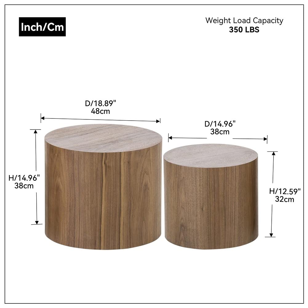 Round Coffee Table Set of 2 - Nesting Wooden Drum Side Tables for Living Room & Office - Walnut Finish, No Assembly Required - Perfect for Small Spaces & Modern Home Decor