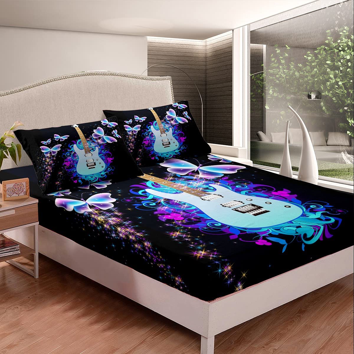 Guitar Fitted Sheet Set with Butterfly Print - Soft Decorative Musical Instrument Bedding with All-Round Elastic Pocket - Queen Size Black Cotton Fabric - Perfect for Musicians' Bedrooms & Music-Themed Decor