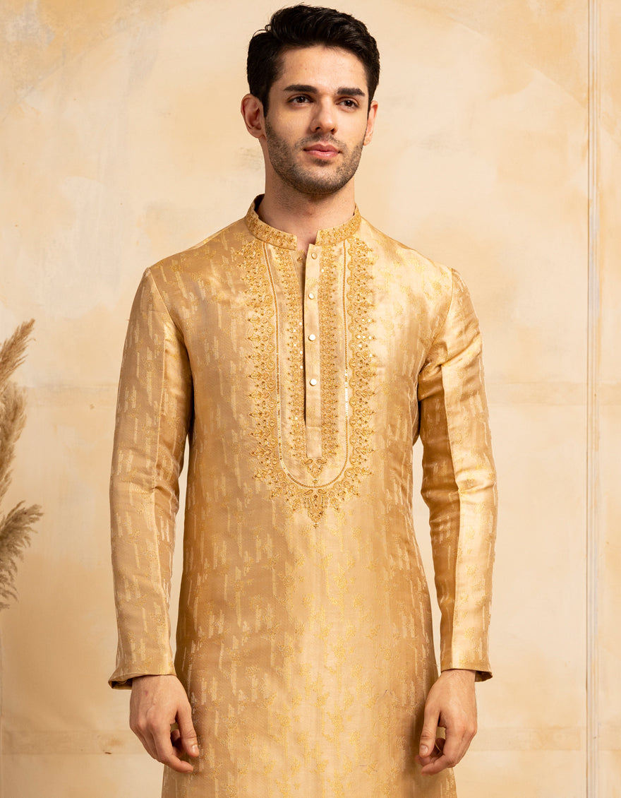 Premium Blended Golden Kurta by J. Junaid Jamshed - Elegant Traditional Pakistani Attire for Men, Perfect for Weddings, Festivals & Special Occasions