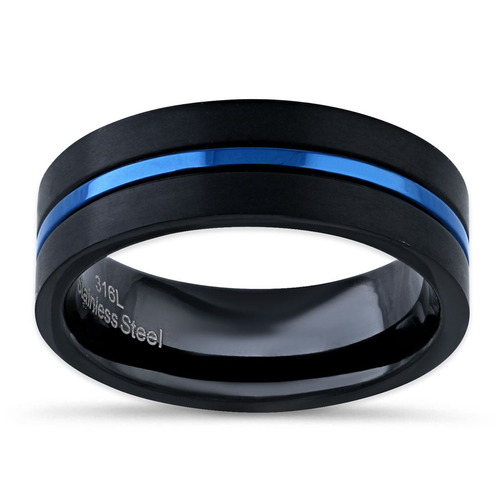 Black Stainless Steel 6.5mm Satin Finish Blue Striped Band Ring for Men & Women - Wedding, Engagement, Anniversary, Fashion Jewelry Gift