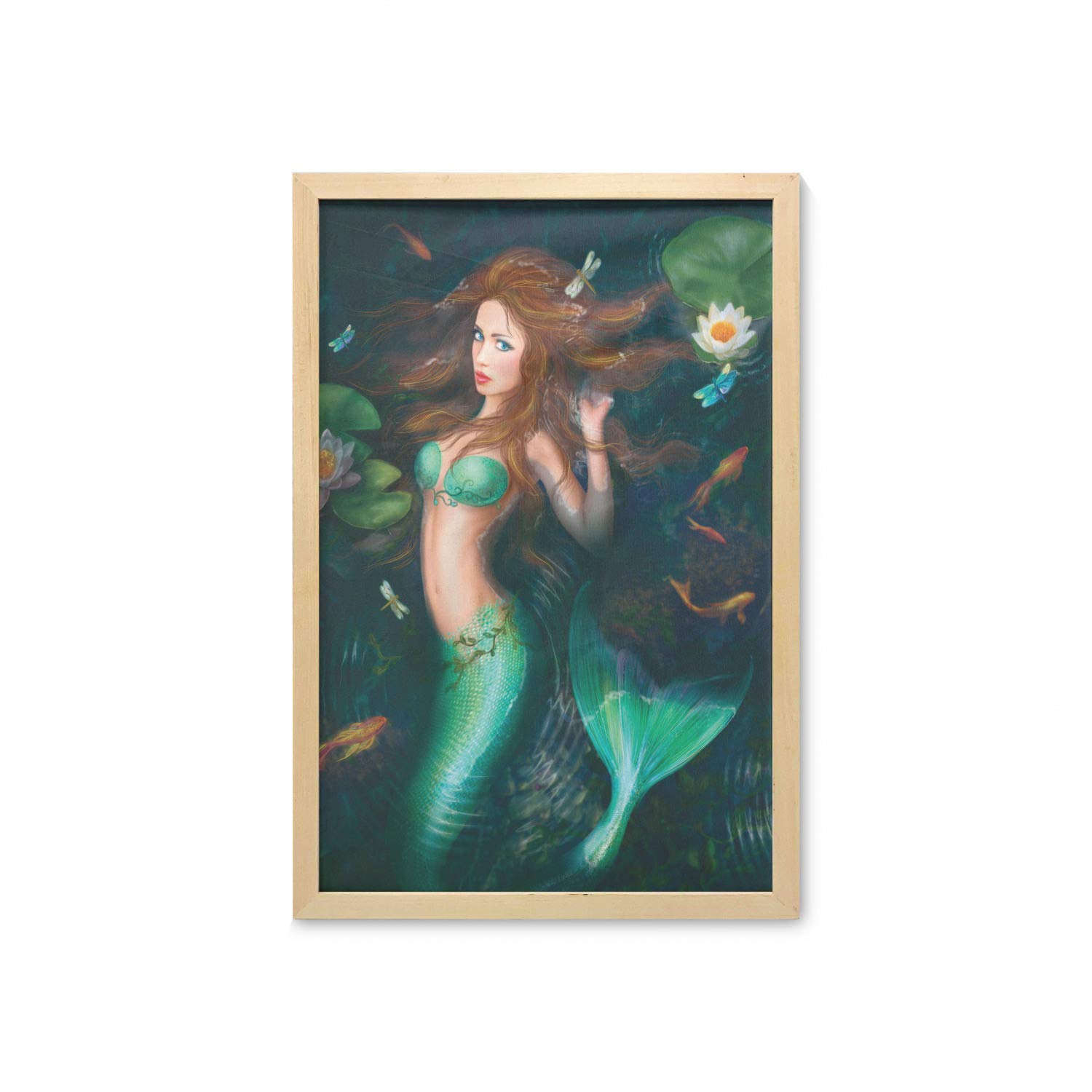 Ambesonne Underwater Wall Art with Frame - Fantasy Mermaid in Lake with Water Lilies, Printed Fabric Poster for Bathroom, Living Room, Bedroom, Dorm Decor - 23