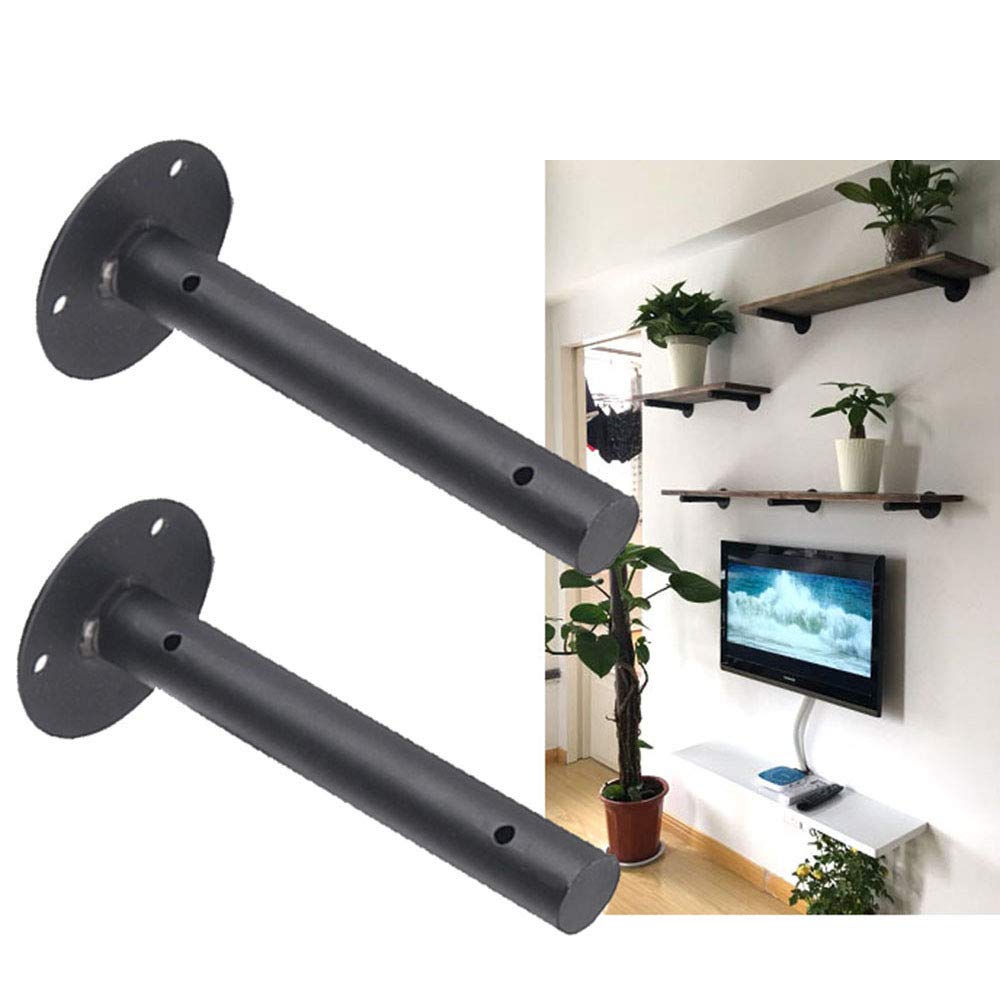 **Black Industrial Metal Floating Shelf Brackets - Heavy Duty Wall Mounted Shelf Supports, Retro Round Design, 2PCS - Perfect for Living Room, Kitchen & Bathroom Storage**