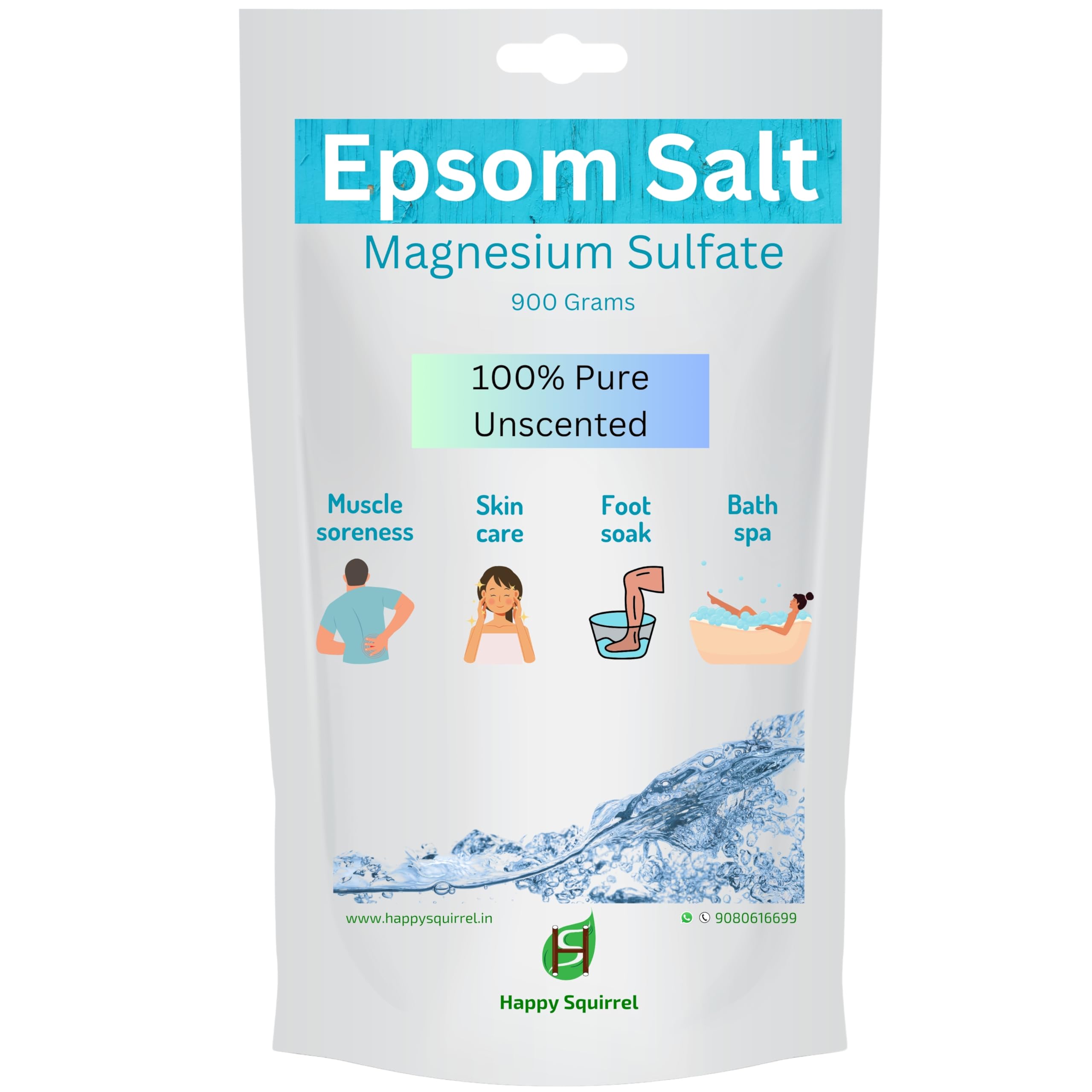 Happy Squirrel Epsom Salt for Foot Soak & Pain Relief | 100% Pure Magnesium Sulfate (900g) | Unscented Muscle Relaxation Bath Salt | Perfect for Post-Workout Recovery, Stress Relief & Spa Treatments