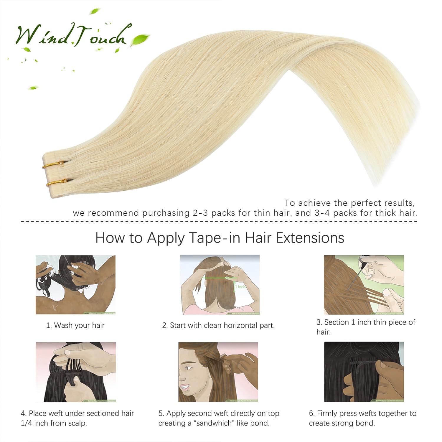 WindTouch 16 Inch Platinum Blonde Tape in Hair Extensions (20 Pcs) - 100% Human Hair, 30g Natural Invisible Tape Extensions for Volume & Length - Perfect for Daily Wear, Parties & Special Occasions