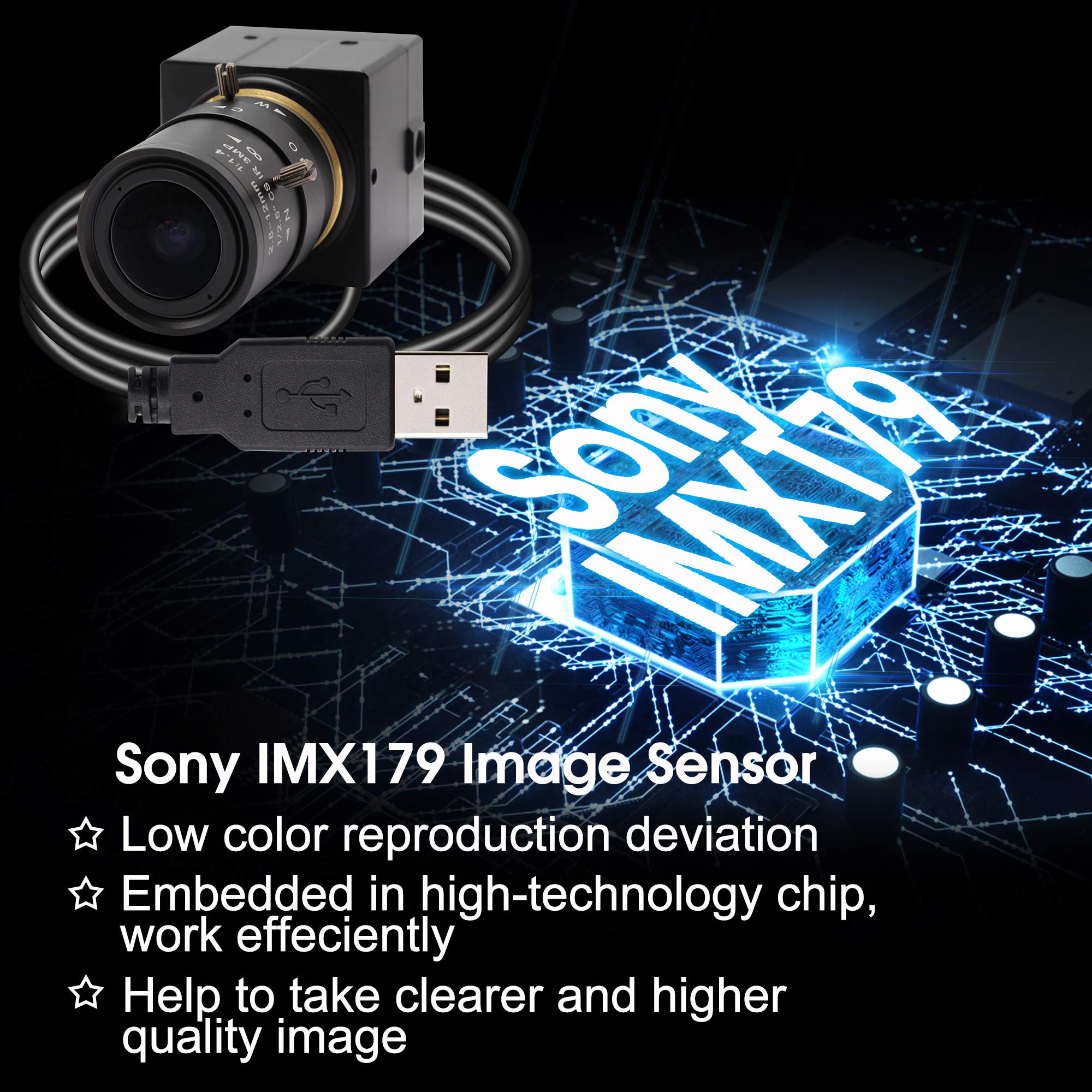 2.8-12mm Varifocal Lens USB Camera - 8MP Webcam with Image Sensor, Super HD 3264x2448 Resolution - Indoor/Outdoor Web Camera for Video Conferencing, Security Systems, Live Streaming & Home Monitoring