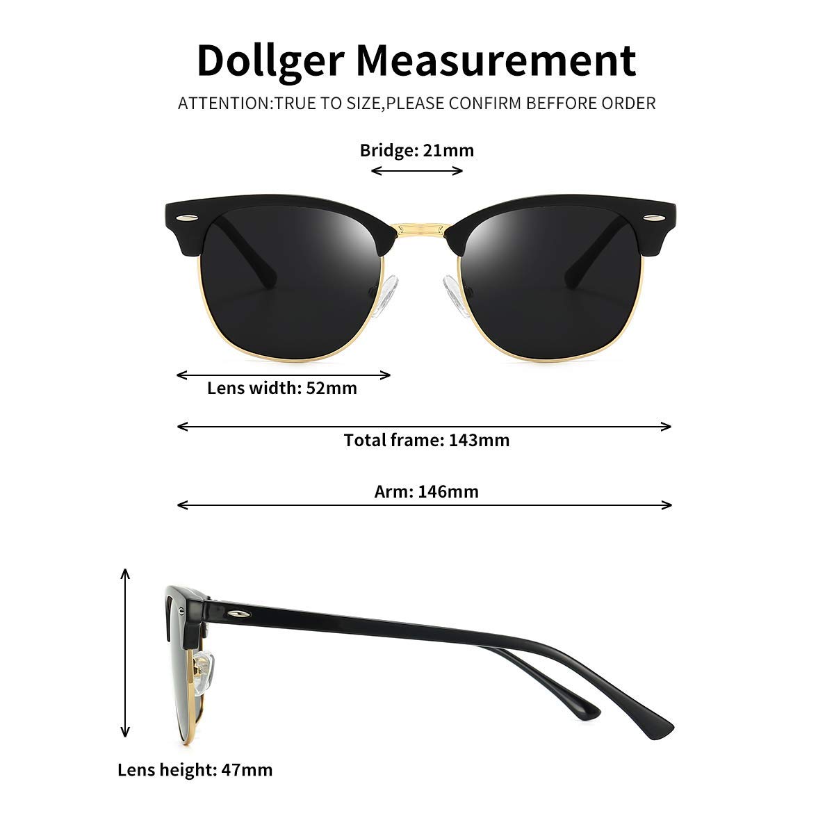 Dollger Polarized Browline Sunglasses for Men & Women - Classic Semi-Rimless Retro Frame with UV 400 Protection - Perfect for Driving, Beach, and Outdoor Activities