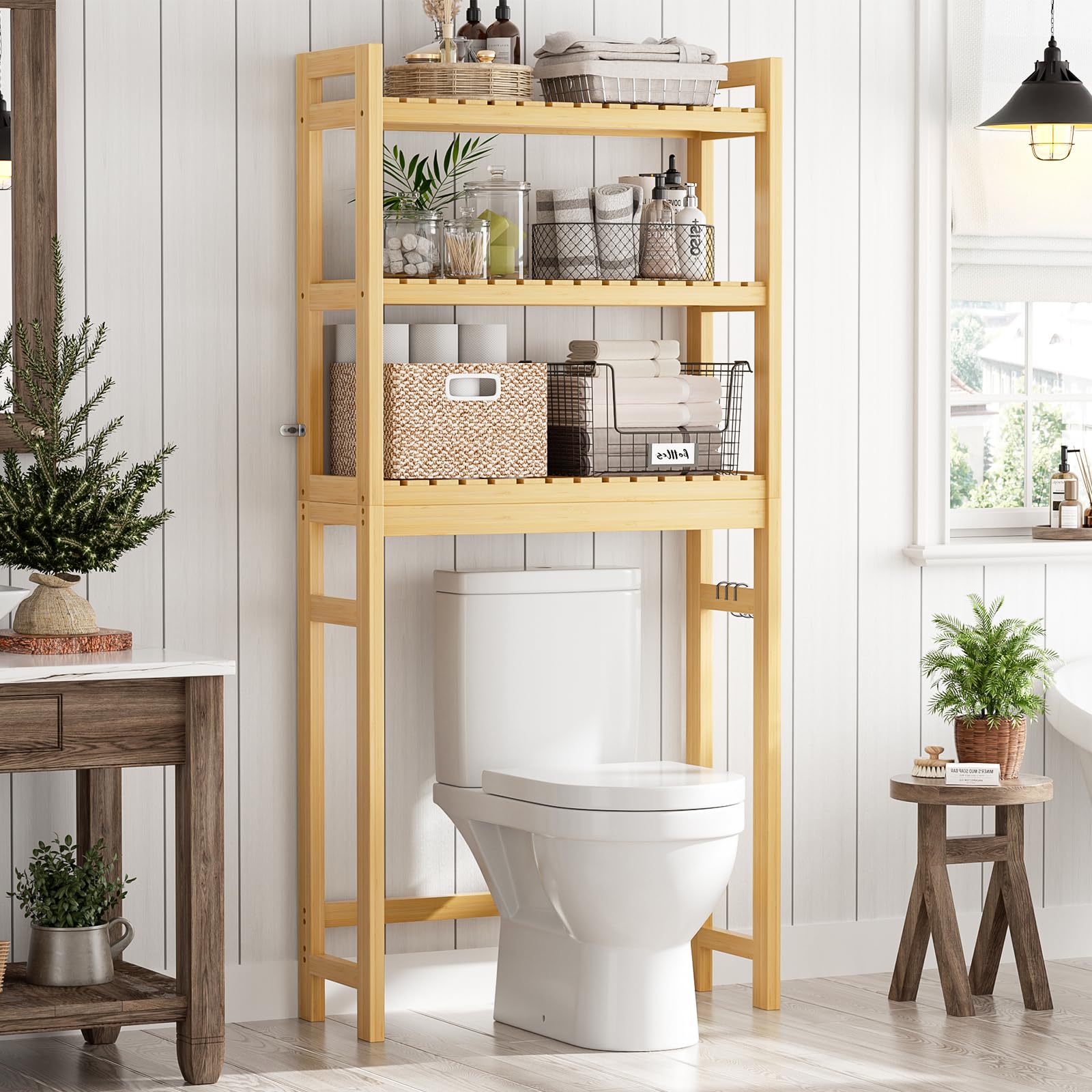 Homykic 3-Tier Over The Toilet Storage Shelf - Bamboo Bathroom Organizer with 3 Hooks, Freestanding Space-Saving Rack for Small Bathrooms, Laundry Rooms & Restrooms - Easy Assembly, Natural Finish - Perfect for Organizing Towels, Toiletries & Cleaning Supplies