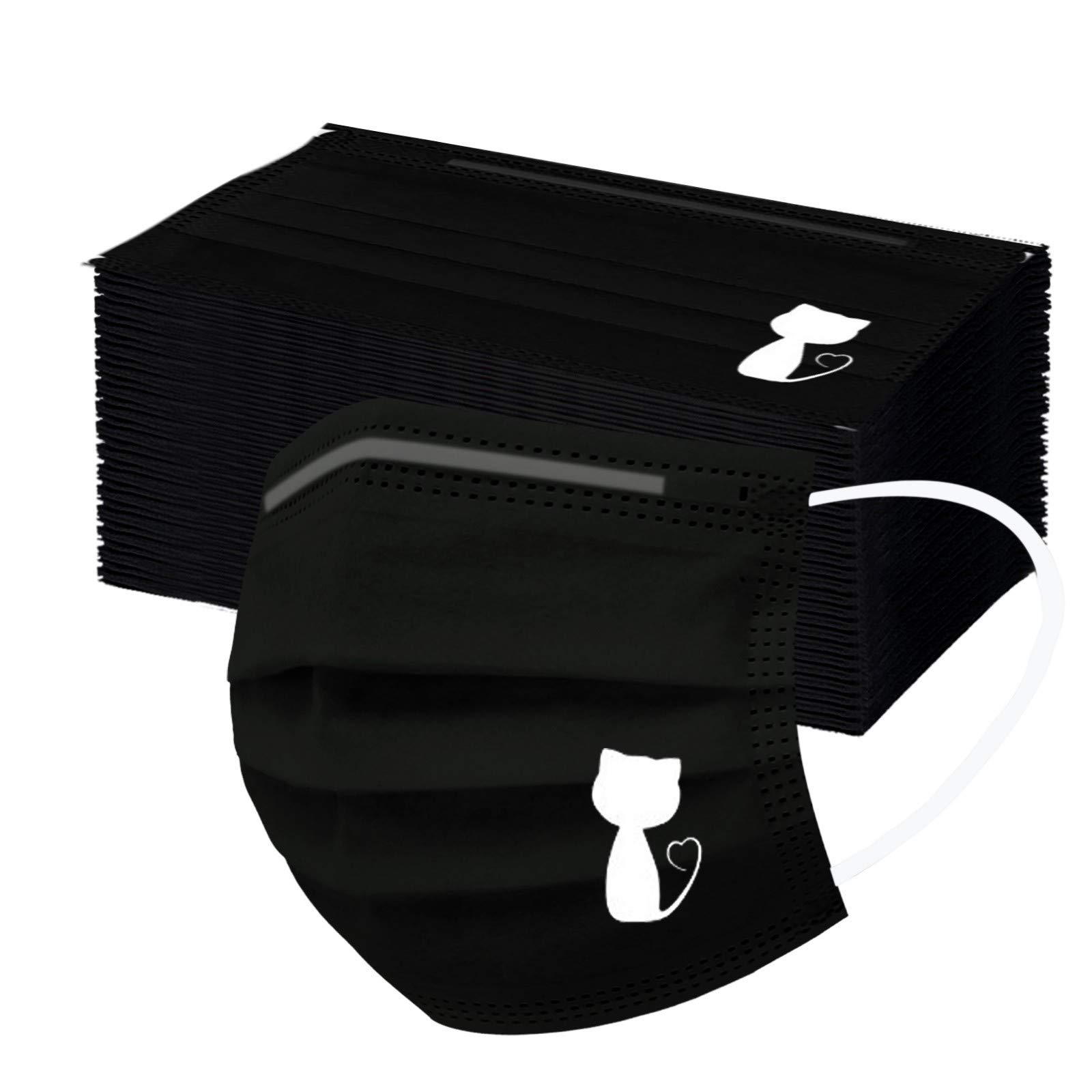 50PC Black Disposable Face Masks for Women & Adults - 3-Ply Breathable with Cute Patterns - Protection for Daily Use, Work, Travel & Public Safety