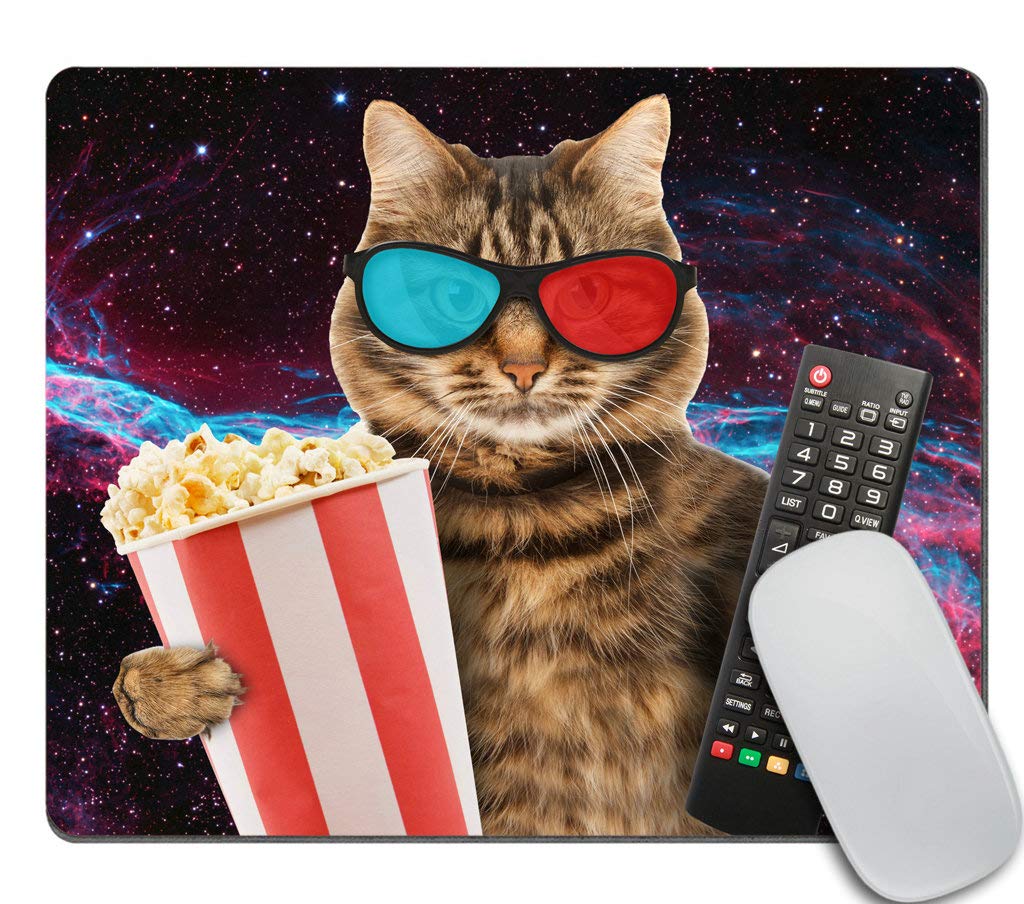 3D Glasses Cat with Popcorn Funny Mouse Pad - Non-Slip Rubber Gaming Mousepad for Computer & Laptop - Perfect for Gamers, Office Work & Cat Lovers Desk Accessories