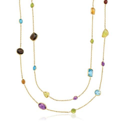 14K Yellow Gold Double Layer Multi Gemstone Necklace - 30 Inch Length for Women | Elegant Layered Jewelry for Parties, Weddings & Special Occasions