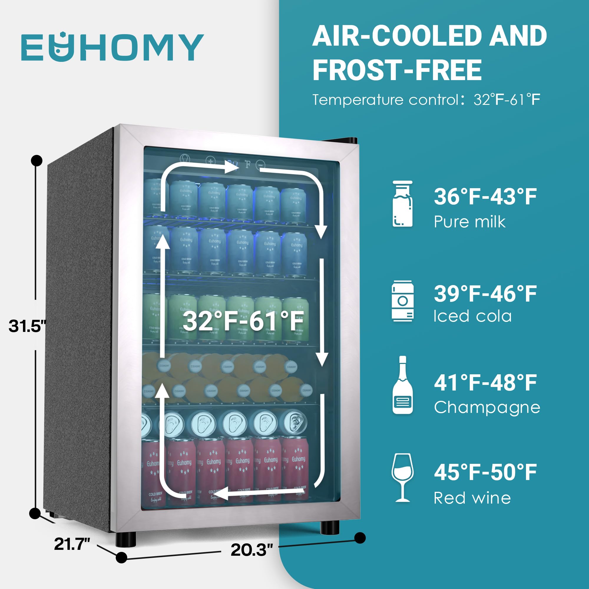 EUHOMY 4.5 Cu.ft Beverage Refrigerator - 145 Can Mini Fridge with Glass Door for Soda, Beer, Wine - Digital Adjustable Thermostat Cooler for Home, Office, Bar - Perfect for Parties, Entertaining & Daily Drink Storage