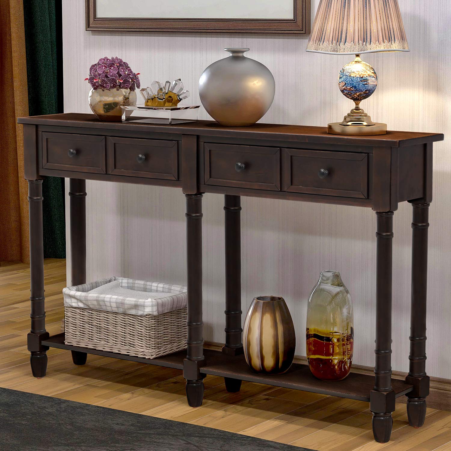 Rustic Espresso Console Table with 2 Large Drawers & Bottom Shelf - Entryway Sofa Table, Buffet Sideboard for Living Room, Hallway & Dining Room Storage Solution