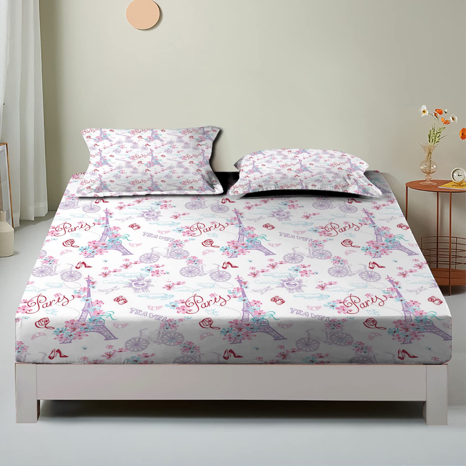 Romantic Eiffel Tower & Floral Printed Twin/Twin XL Fitted Sheet Set - Ultra Soft, Breathable 2-Piece Bedding Decor - Perfect Fit for Mattress (Pale Blue) | Ideal for Paris-Themed Bedrooms, Guest Rooms & Dorm Decorations