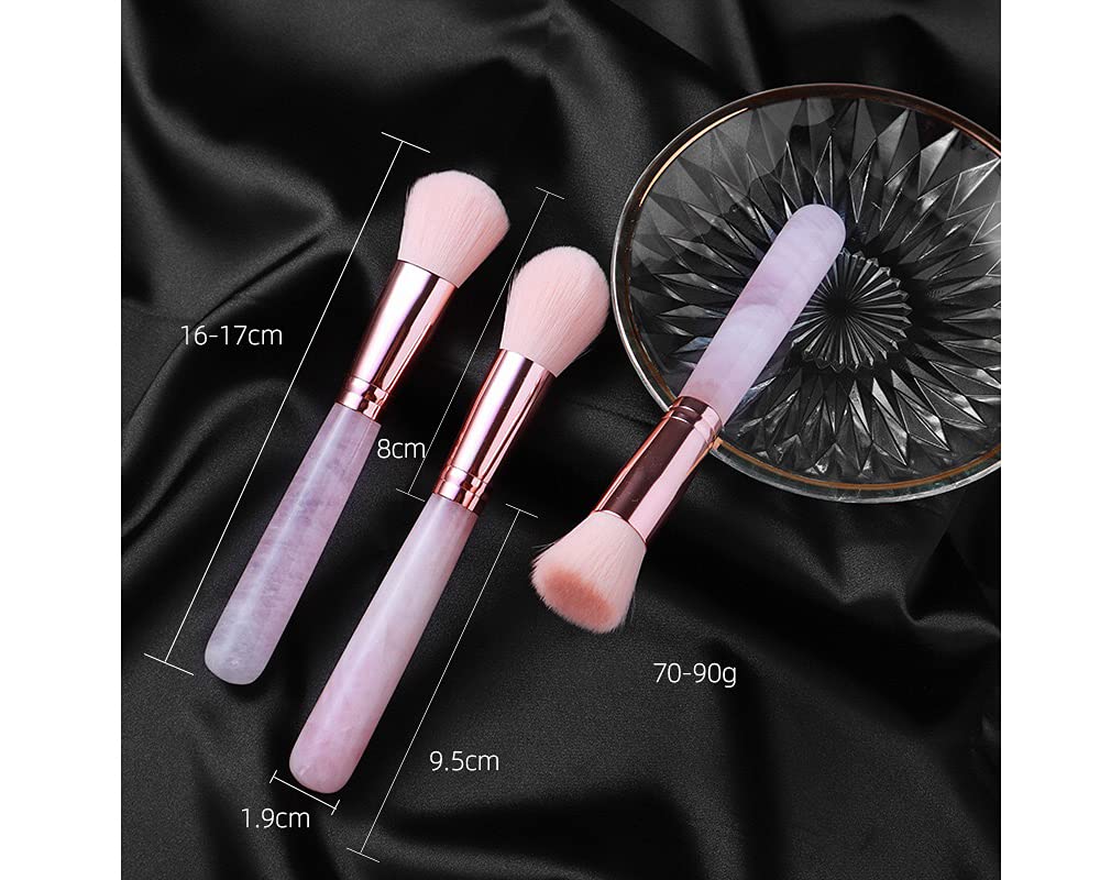 3-Piece Makeup Brush Set with Rose Quartz Handle - Foundation, Powder & Blush Brushes for Flawless Application | Natural Healing Crystal Cosmetic Brushes | Perfect for Travel & Daily Makeup Routine