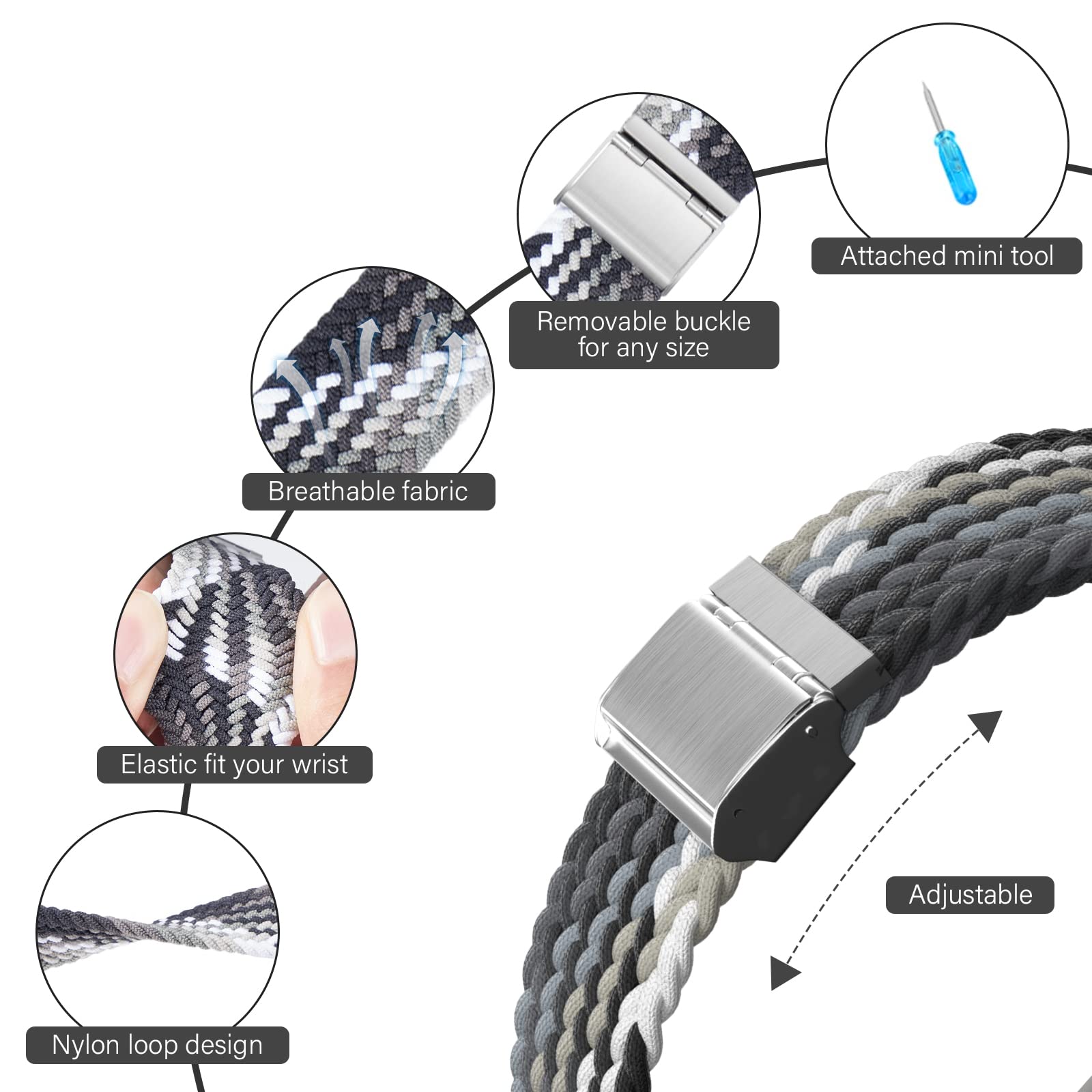 Braided Nylon Apple Watch Bands for Series 9/8/7/6/5/4/3/2/SE/Ultra/Ultra 2 - Adjustable Breathable Strap (38mm/40mm/41mm/42mm/44mm/45mm/49mm) for Women & Men - Perfect for Workouts, Running & Everyday Wear