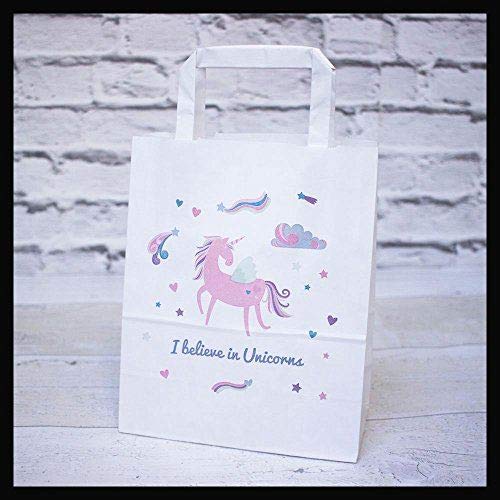 10 Pack White Handled Unicorn Paper Party Gift Bags - I Believe in Unicorns - Perfect for Birthday Parties, Baby Showers & Magical Celebrations