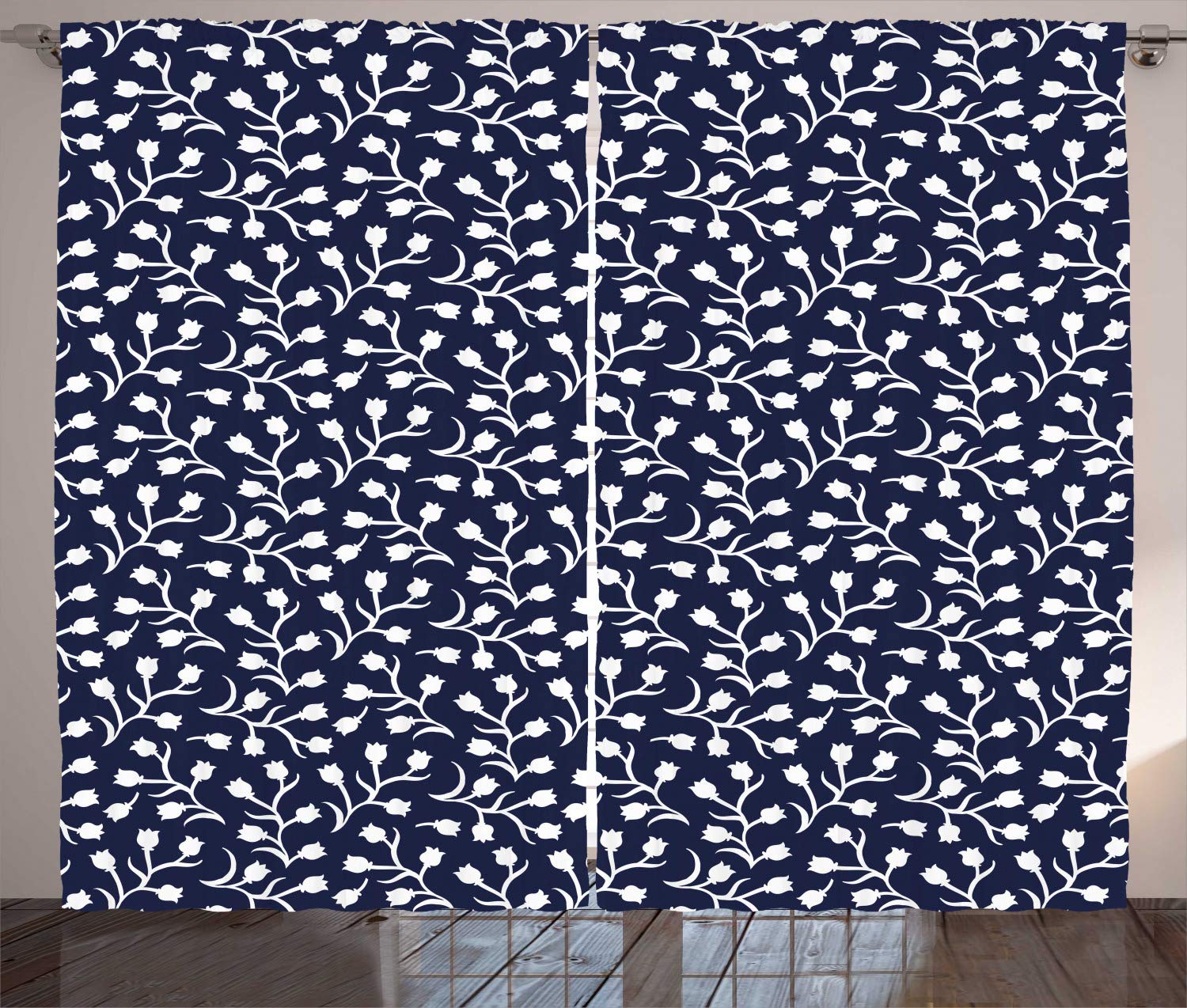 Ambesonne Oriental Curtains - Monochrome Floral Ethnic Style Tulip Pattern Window Drapes for Living Room & Bedroom - 2 Panel Set 108