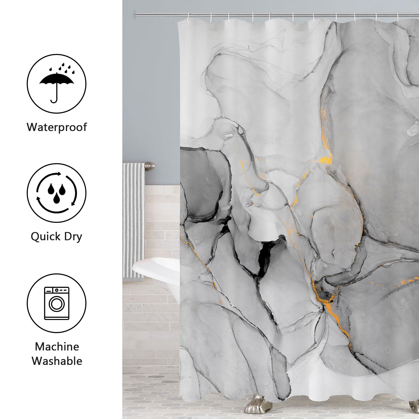 Gibelle 4-Piece Bathroom Shower Curtain Set with Non-Slip Rugs, Toilet Lid Cover & Bath Mat - Grey Marble Bathroom Decor for Modern Homes | Perfect for Bathroom Upgrades & Guest Bathrooms