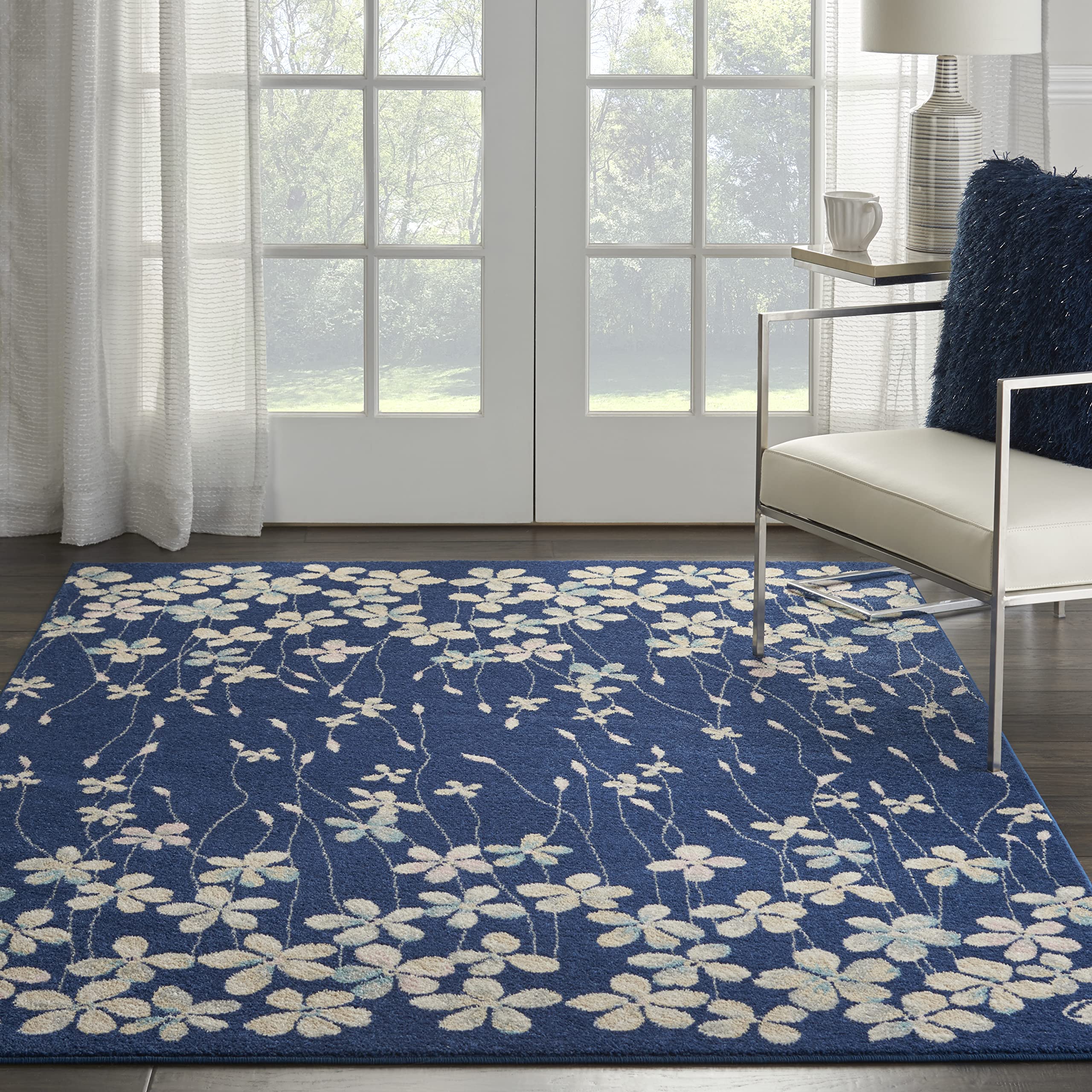 Nourison Tranquil Floral Navy 6' x 9' Area Rug - Easy Cleaning, Non-Shedding, Soft & Durable - Perfect for Bedroom, Living Room, Dining Room & Kitchen Decor (6x9)