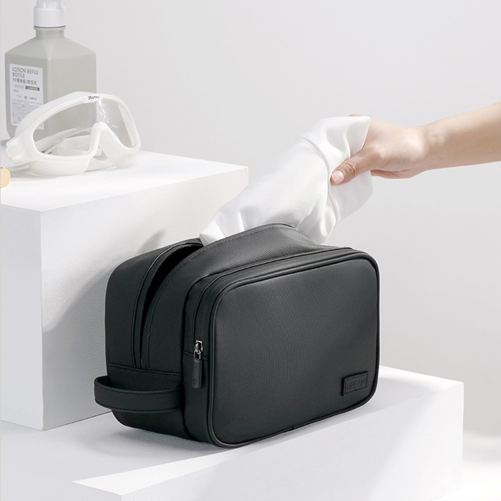 Waterproof Travel Toiletry Bag for Men & Women - PU Leather Dopp Kit & Shaving Organizer - Compact Size for Toiletries (Black) - Perfect for Airplane Carry-on, Gym, Camping & Business Trips
